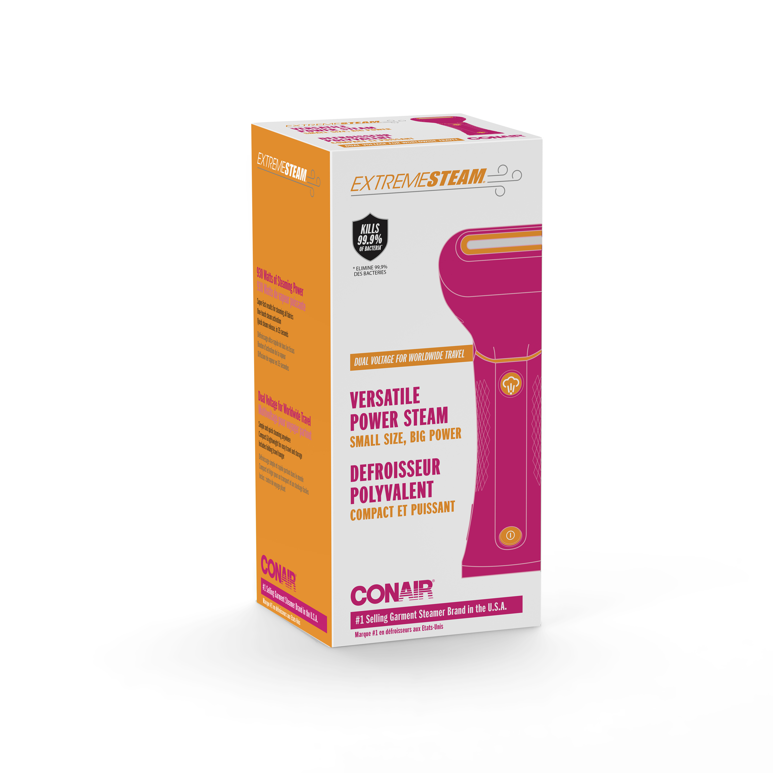 Conair ExtremeSteam steamer box with pink steamer on white side, orange side.