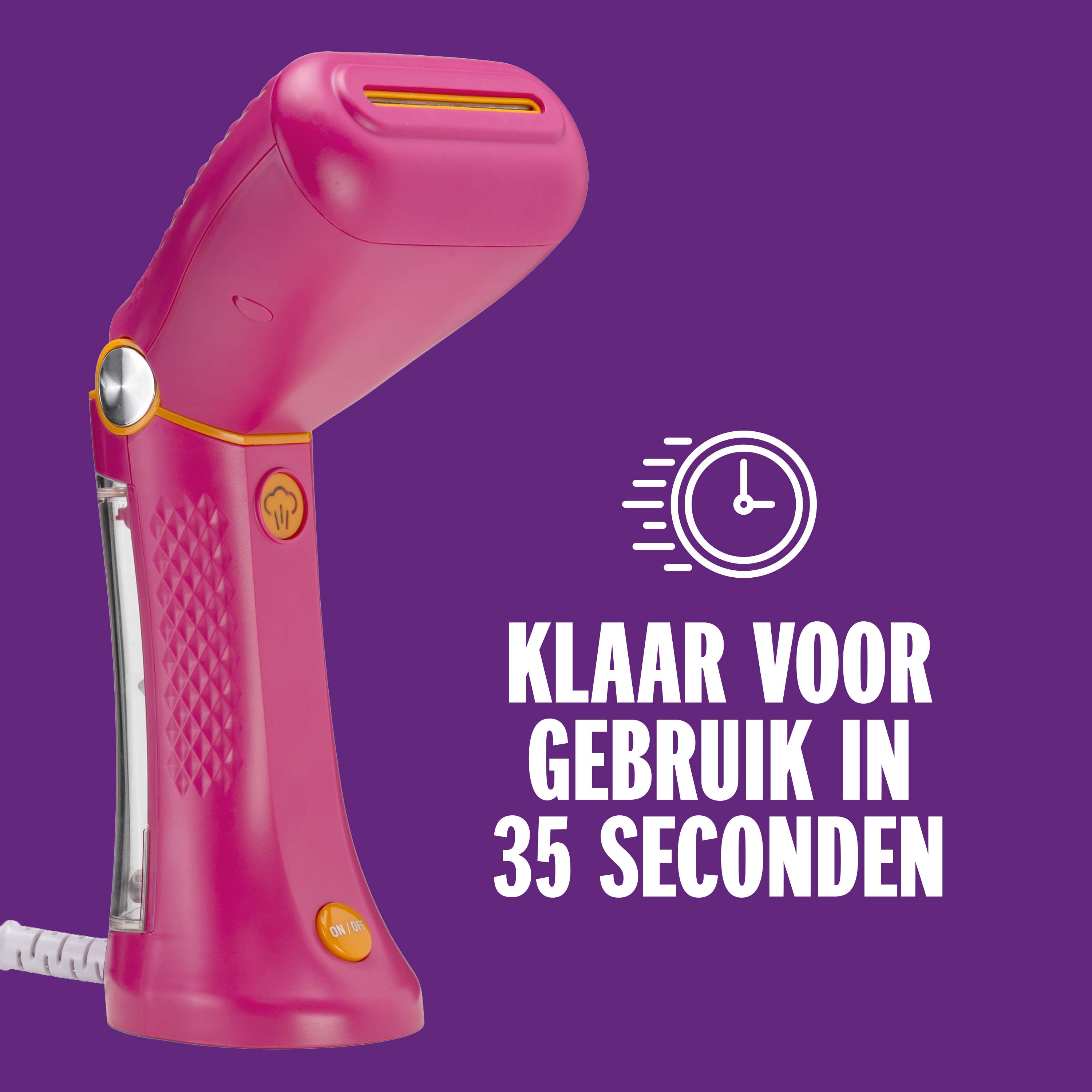 A pink garment steamer with an orange button and a water tank.