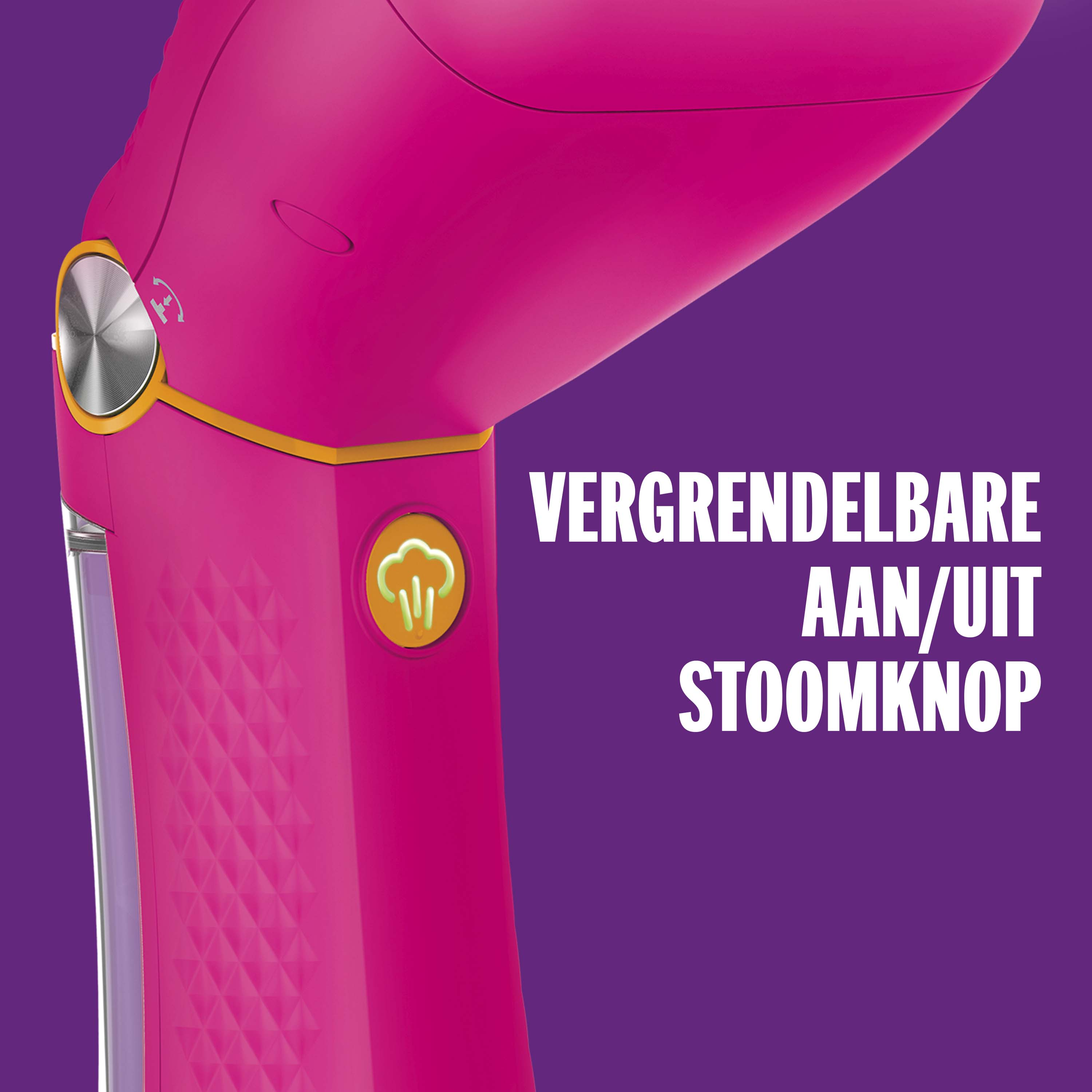 Close-up of a pink garment steamer with yellow trim and text.
