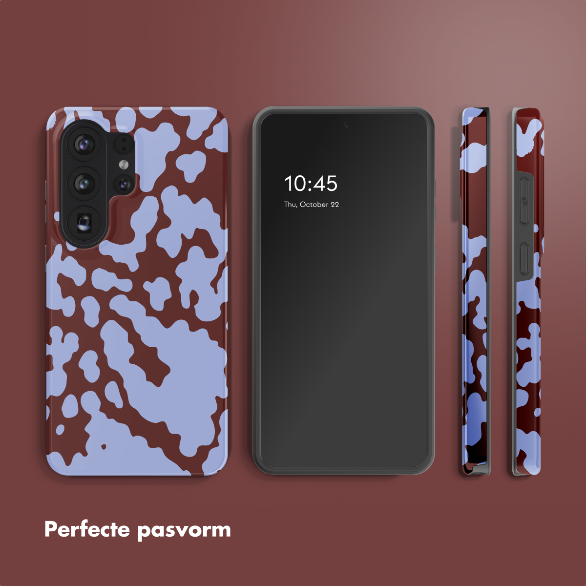 Smartphone avec étui à motif de taches marron et bleu clair, vues latérales.