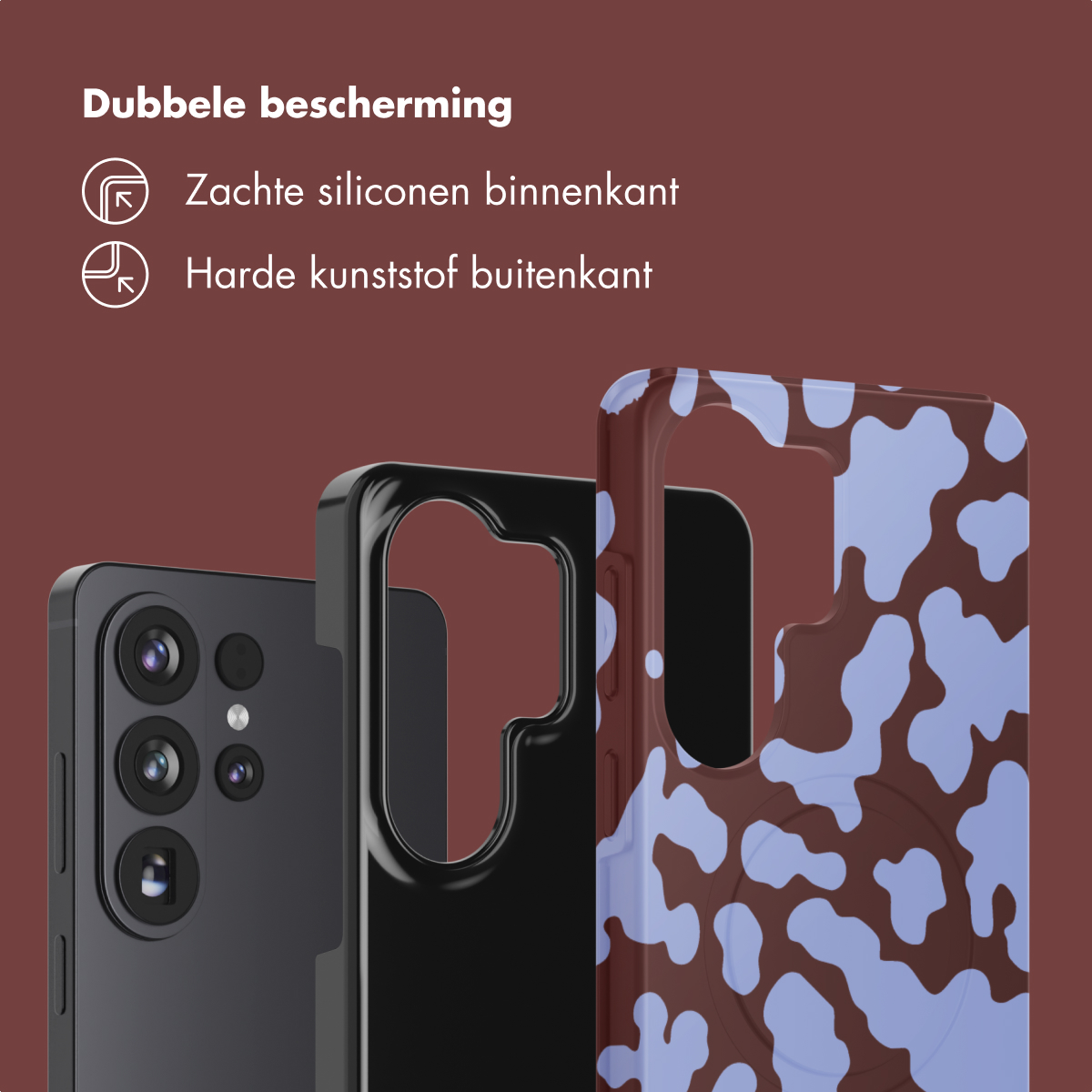 Téléphone noir avec deux étuis de protection. Un étui est noir, l'autre a un motif vache.