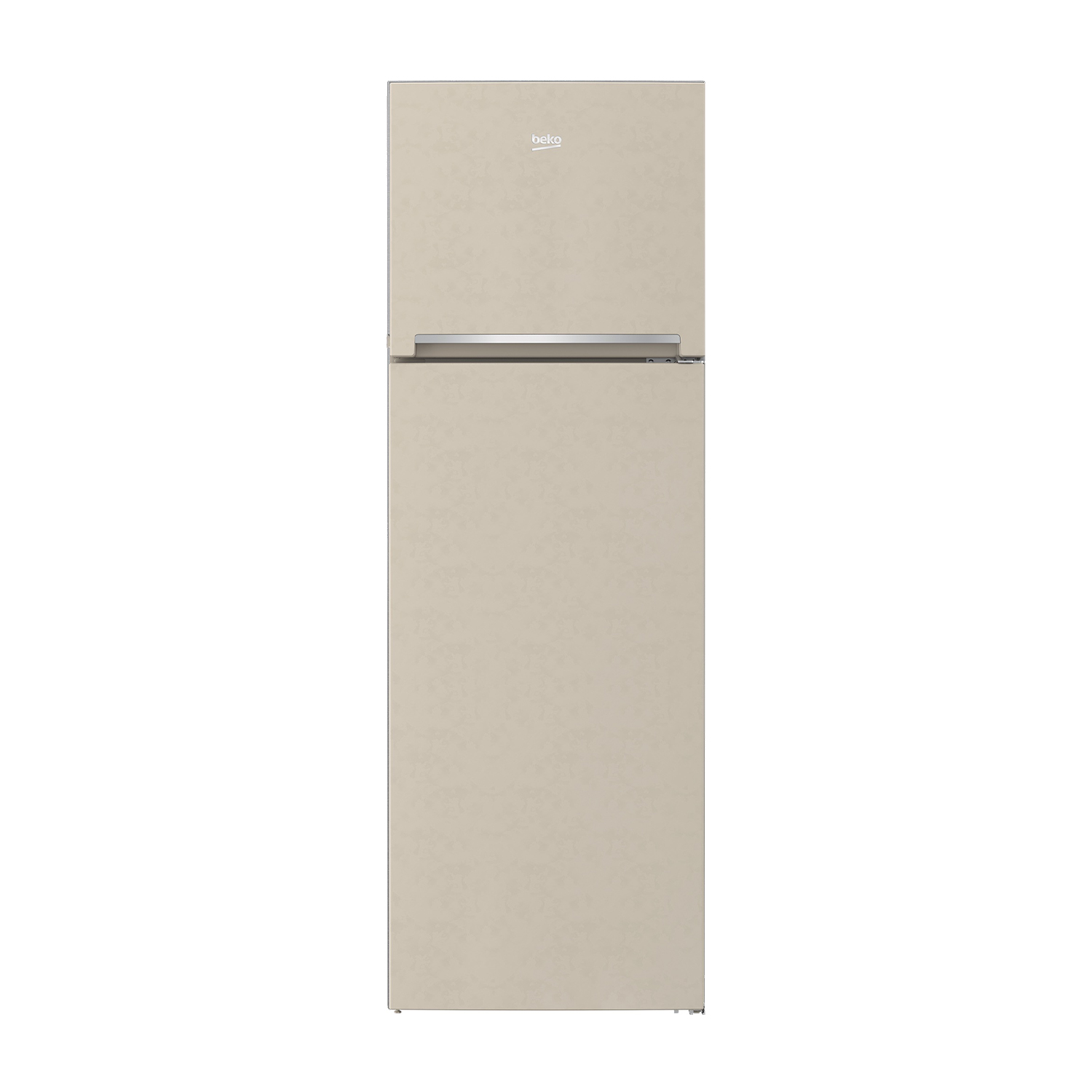 Un frigorifero beige con scomparto congelatore e logo Beko in alto.