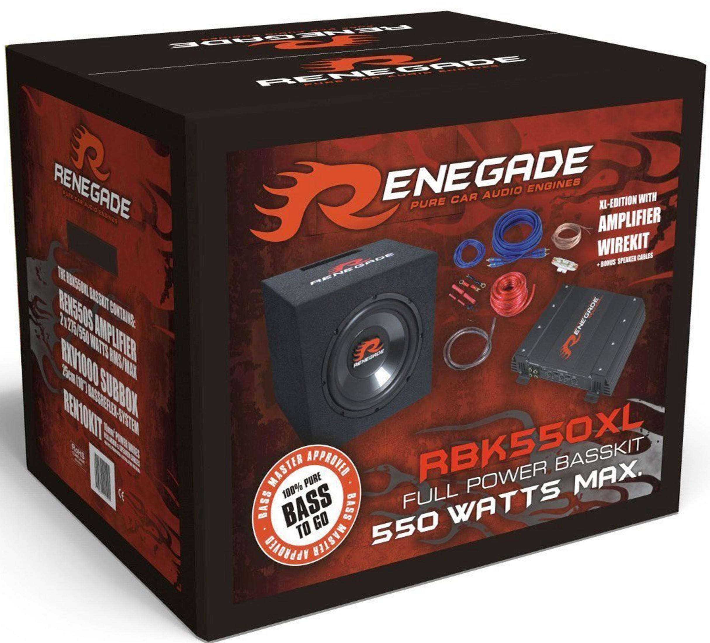 Verpackung für ein Renegade Basskit mit Subwoofer, Verstärker und Kabeln.