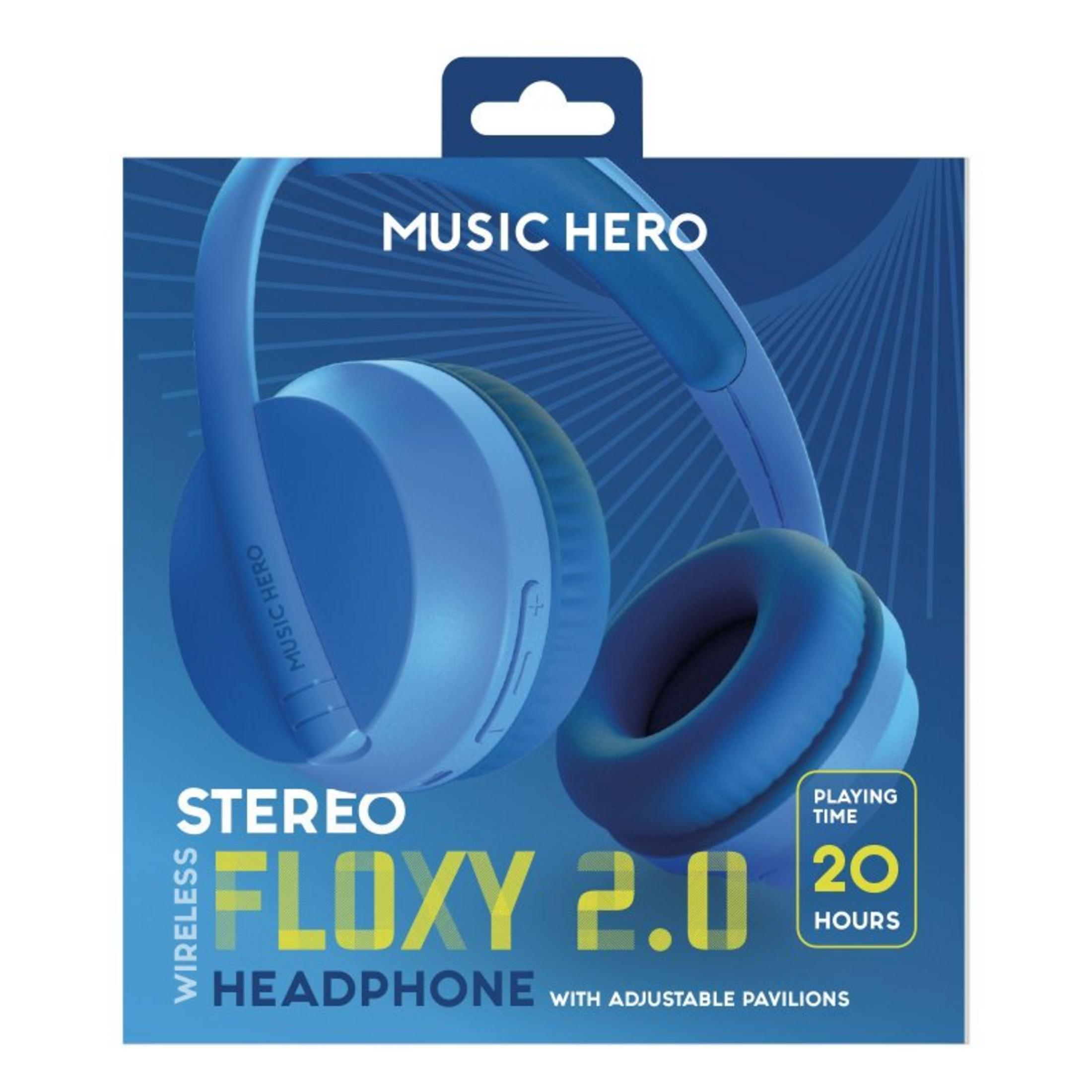 Blaue Kopfhörer mit Aufschrift 'Music Hero' und 'Floxy 2.0'.