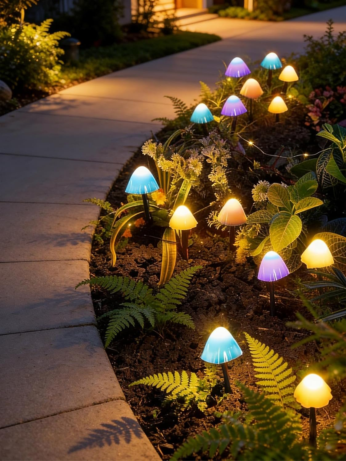 Pilzförmige Gartenlichter in Blau, Gelb und Lila beleuchten einen Weg.