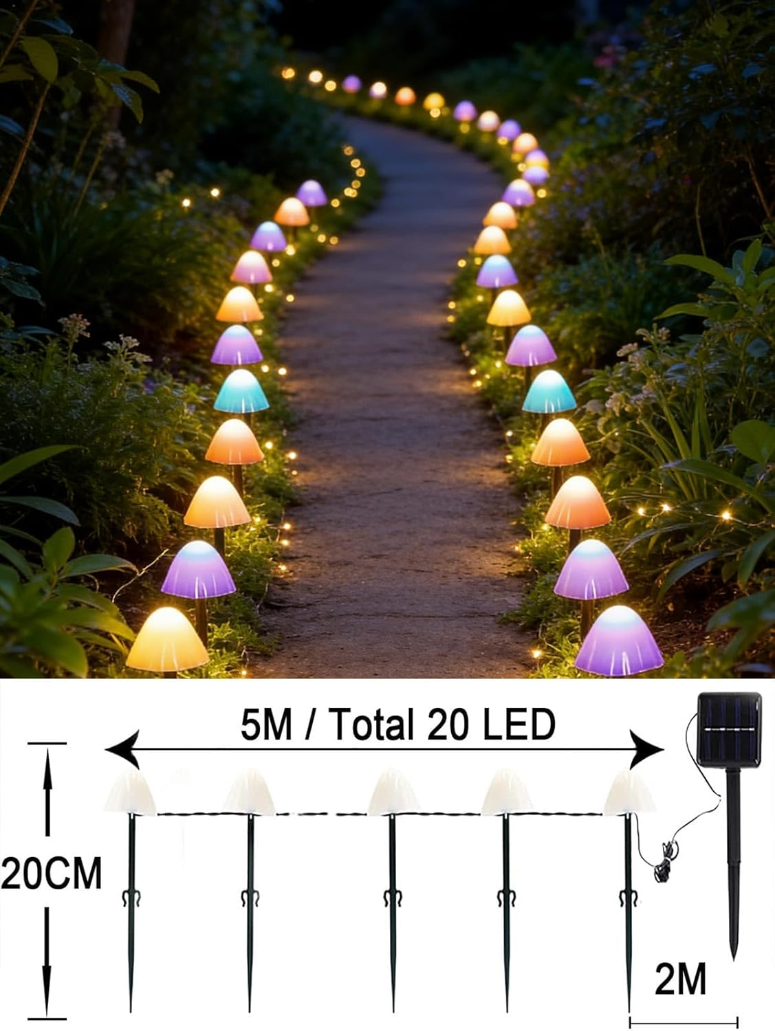 Pilzförmige Lichter beleuchten einen Gartenweg im Dunkeln.