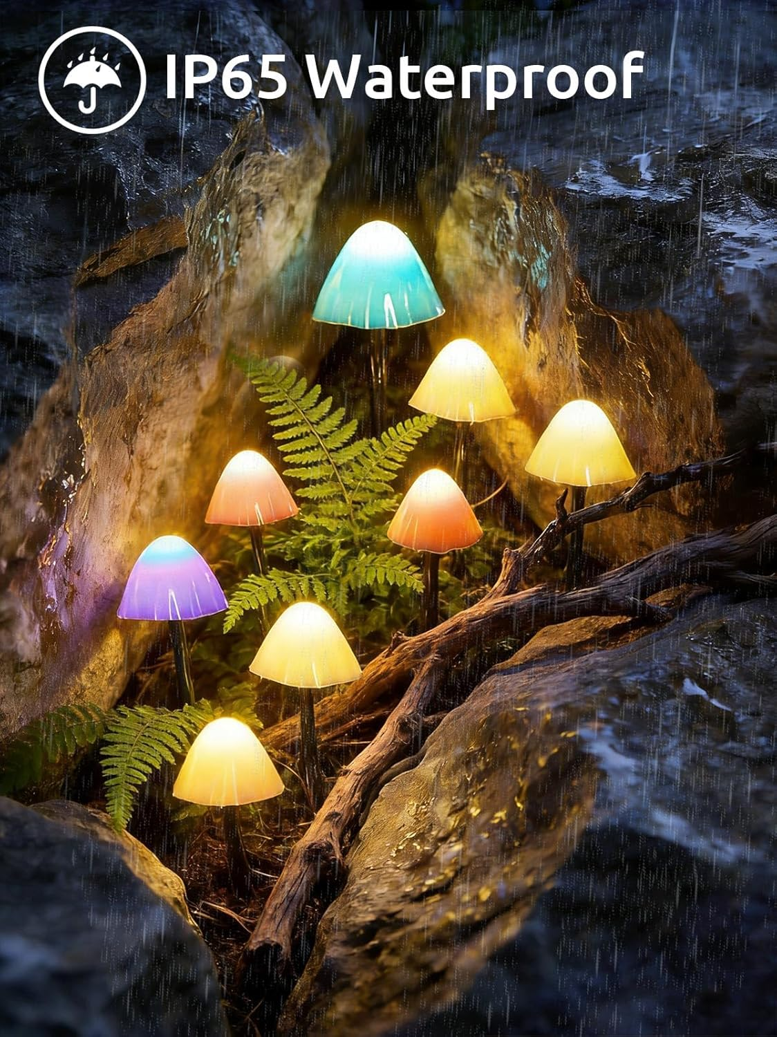 Leuchtende Pilz-Lichterkette im Regen, mit IP65 Wasserschutz.