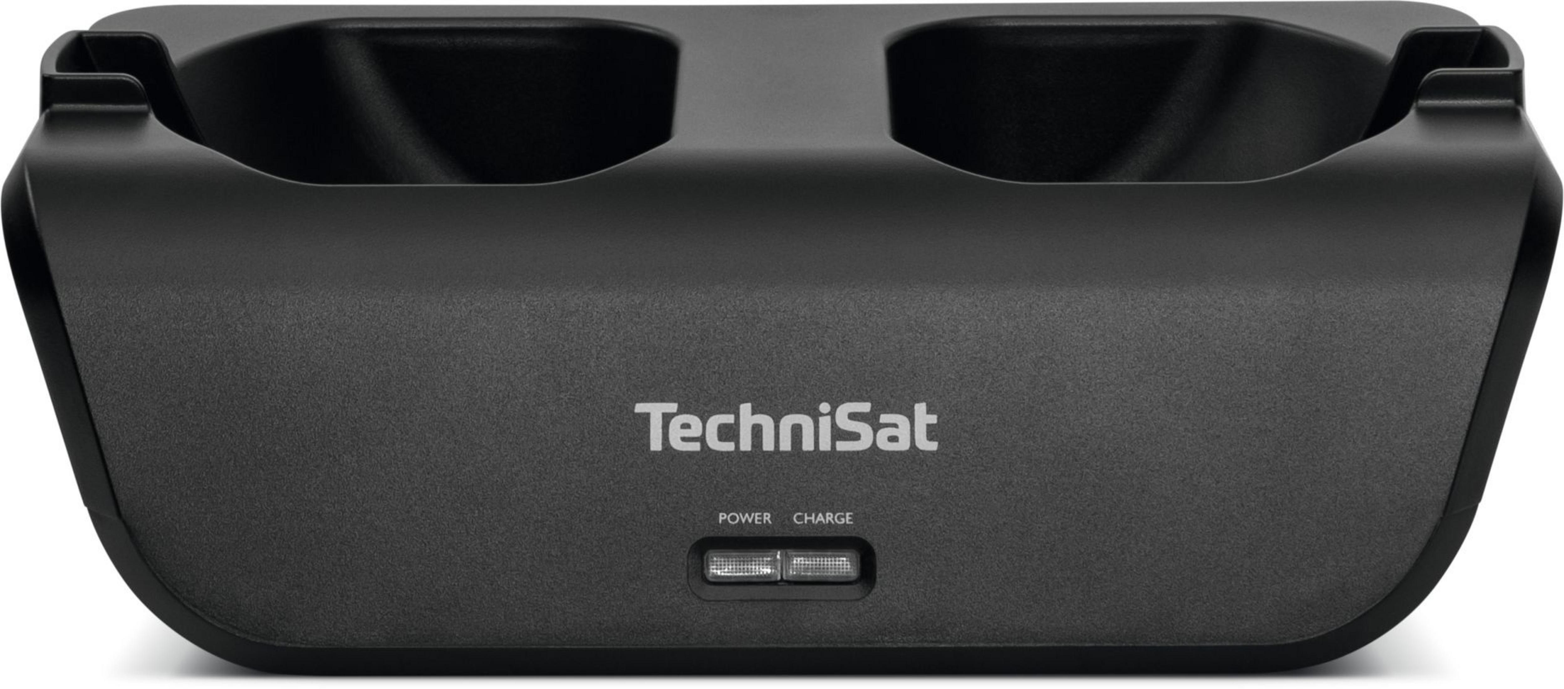 Czarna stacja ładująca TechniSat na dwa akumulatory ze wskaźnikami.