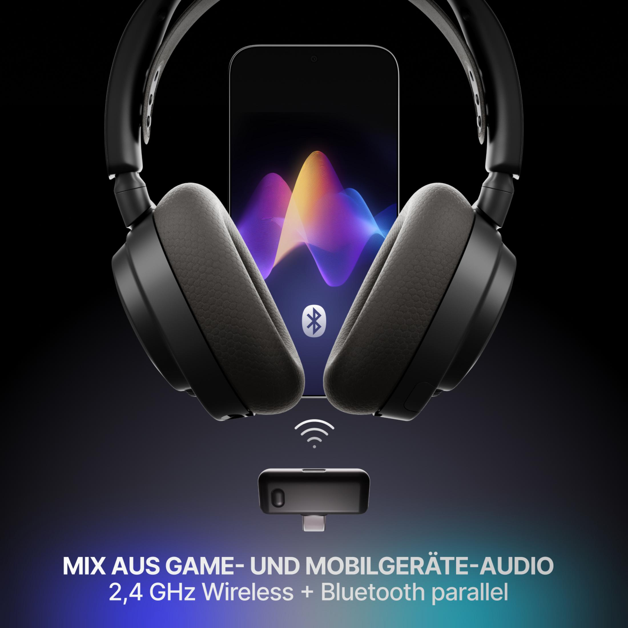 Cuffie nere con smartphone e dongle per connessione audio wireless.