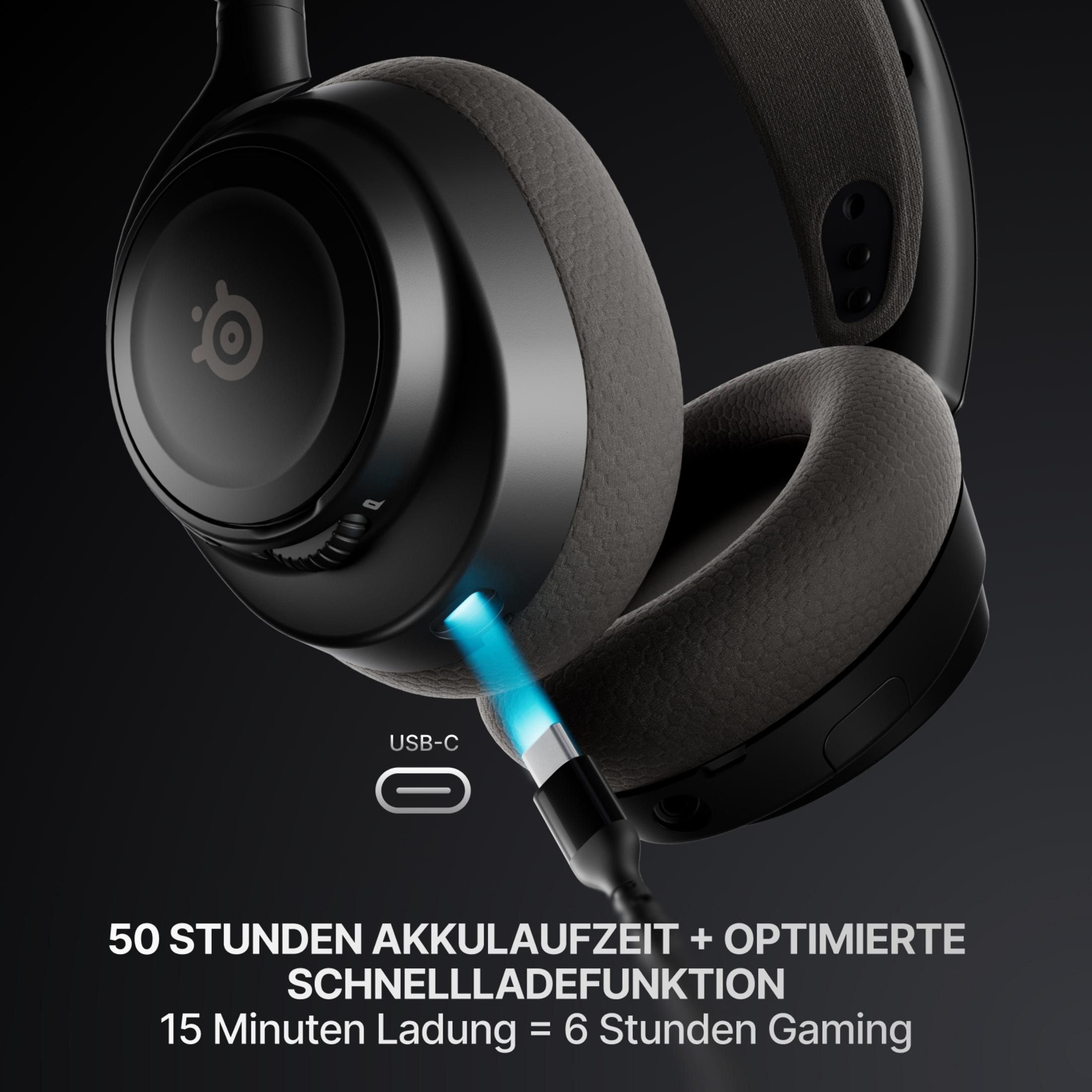 Cuffie nere in carica via USB-C con luce blu.