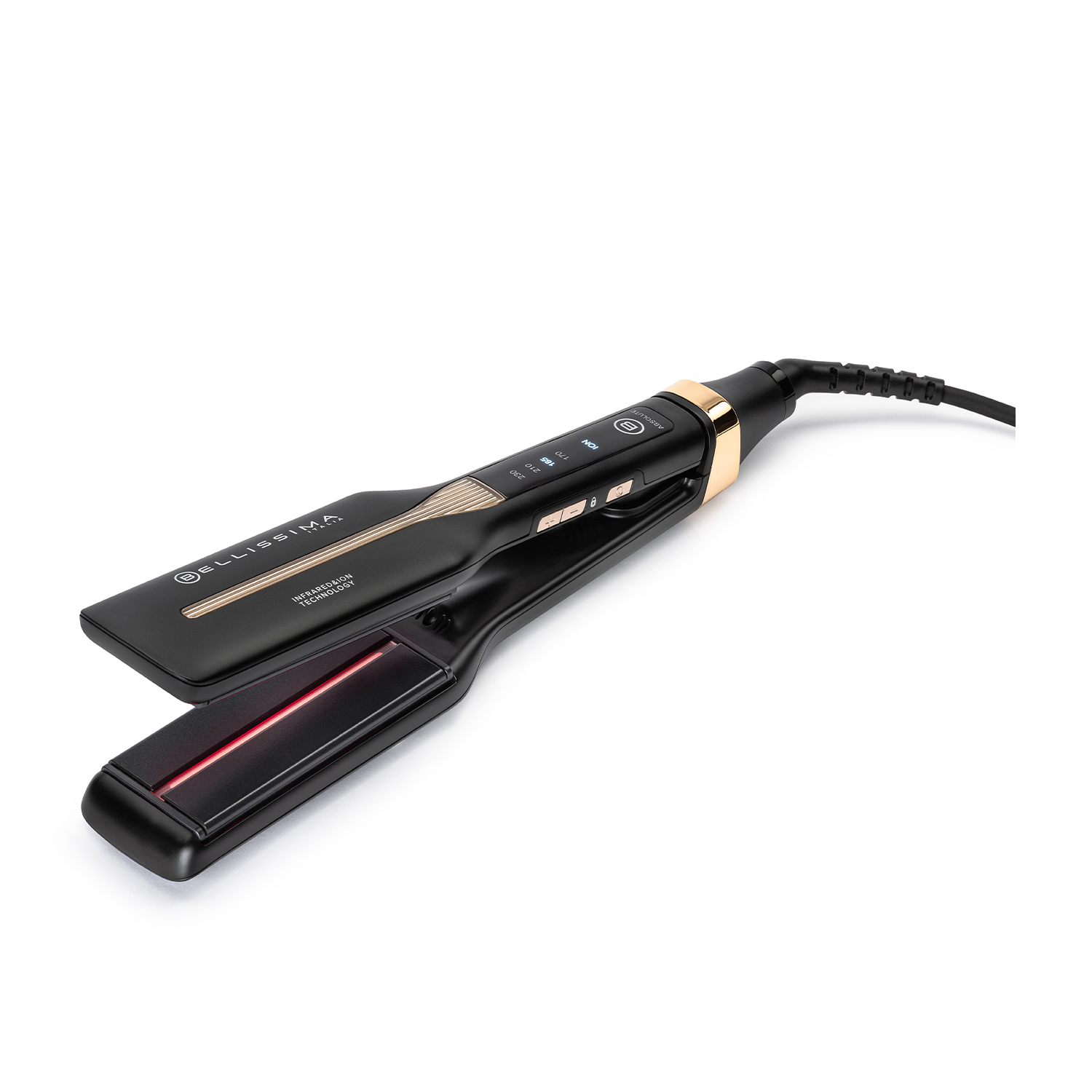 Piastra per capelli nera con finiture dorate e luce infrarossa rossa.