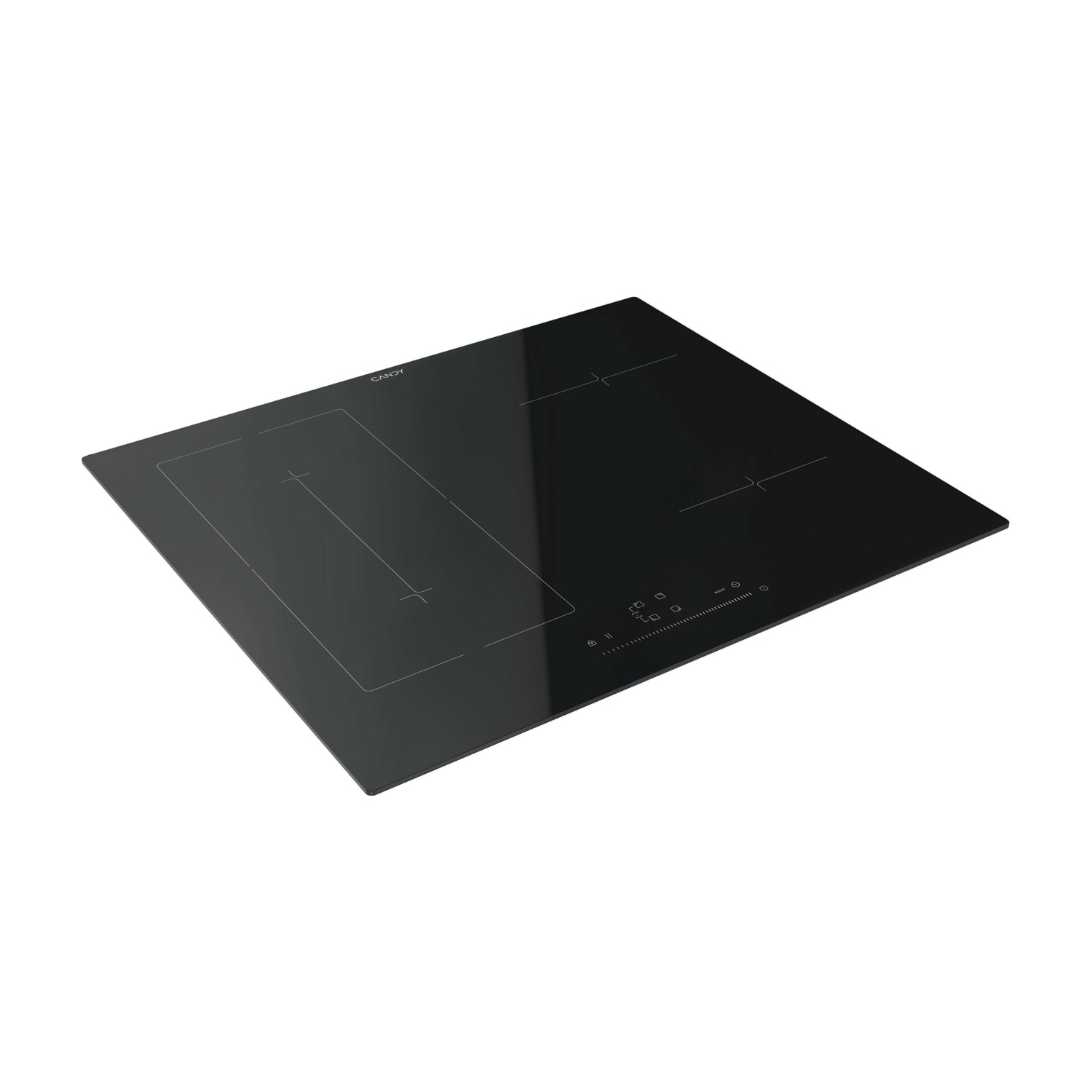 Czarna płyta indukcyjna z panelami dotykowymi i oznaczeniami stref gotowania.