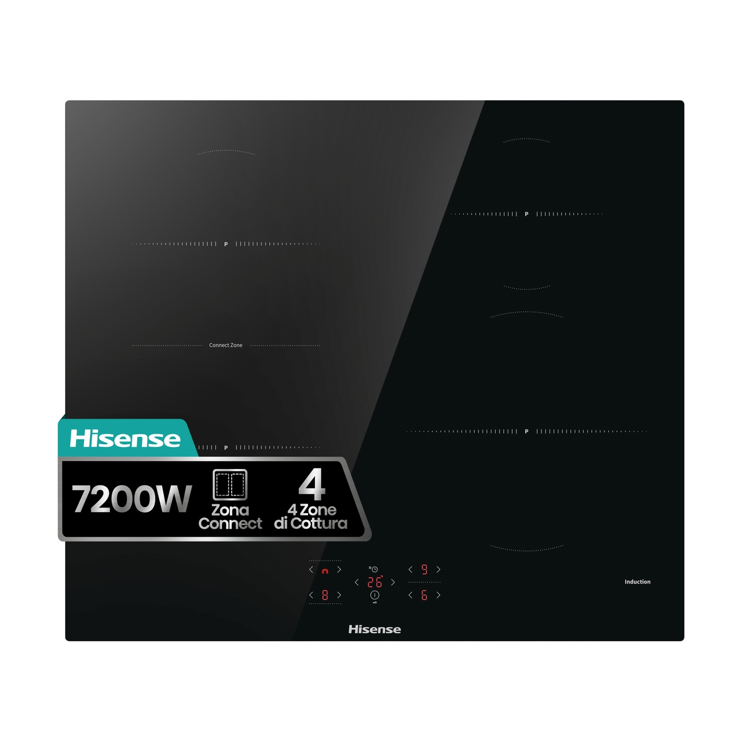 Czarna płyta indukcyjna Hisense z 4 strefami gotowania i cyfrowymi kontrolkami.