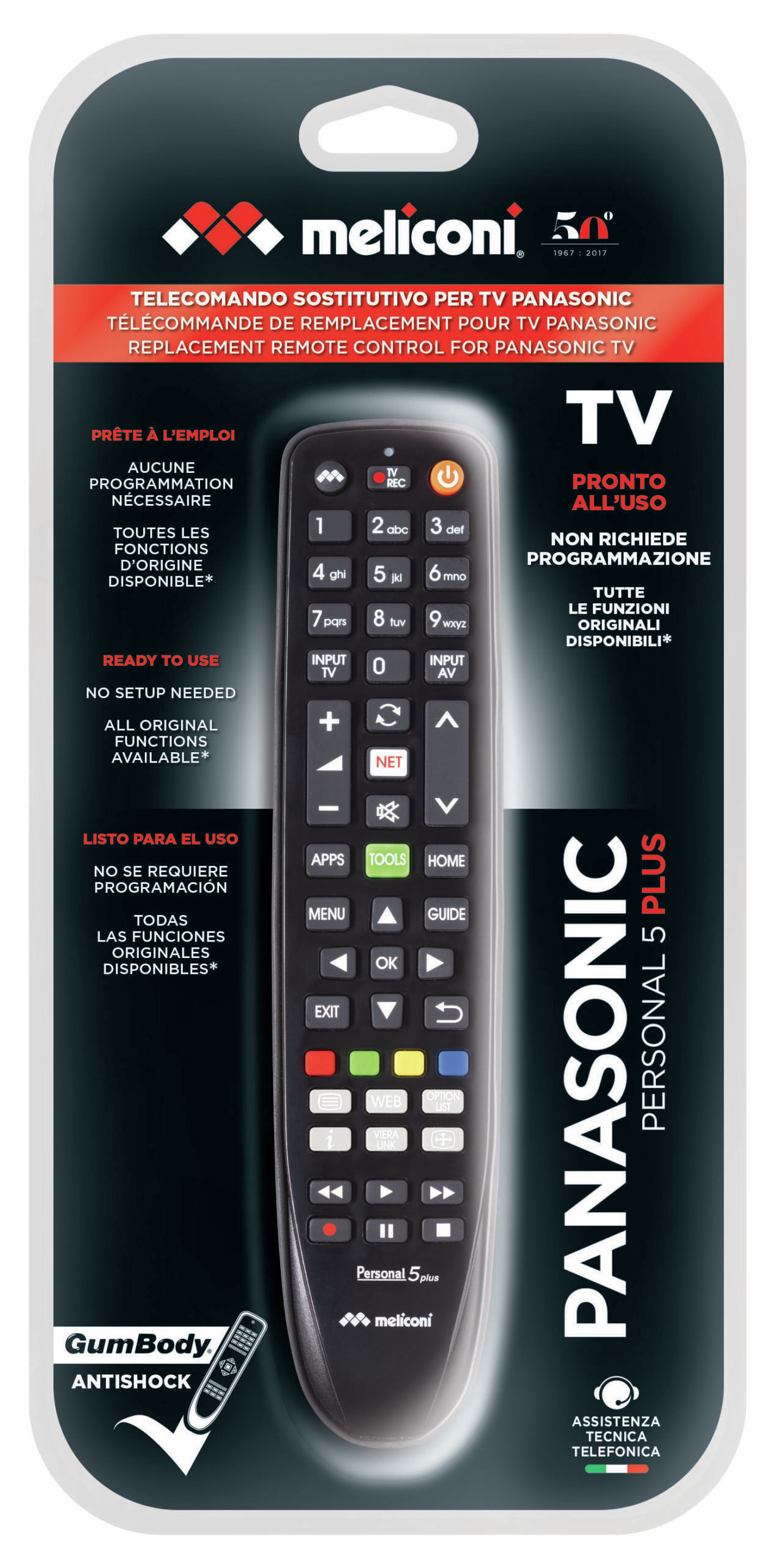 Czarne opakowanie pilota Meliconi do telewizorów Panasonic, z etykietami w wielu językach.