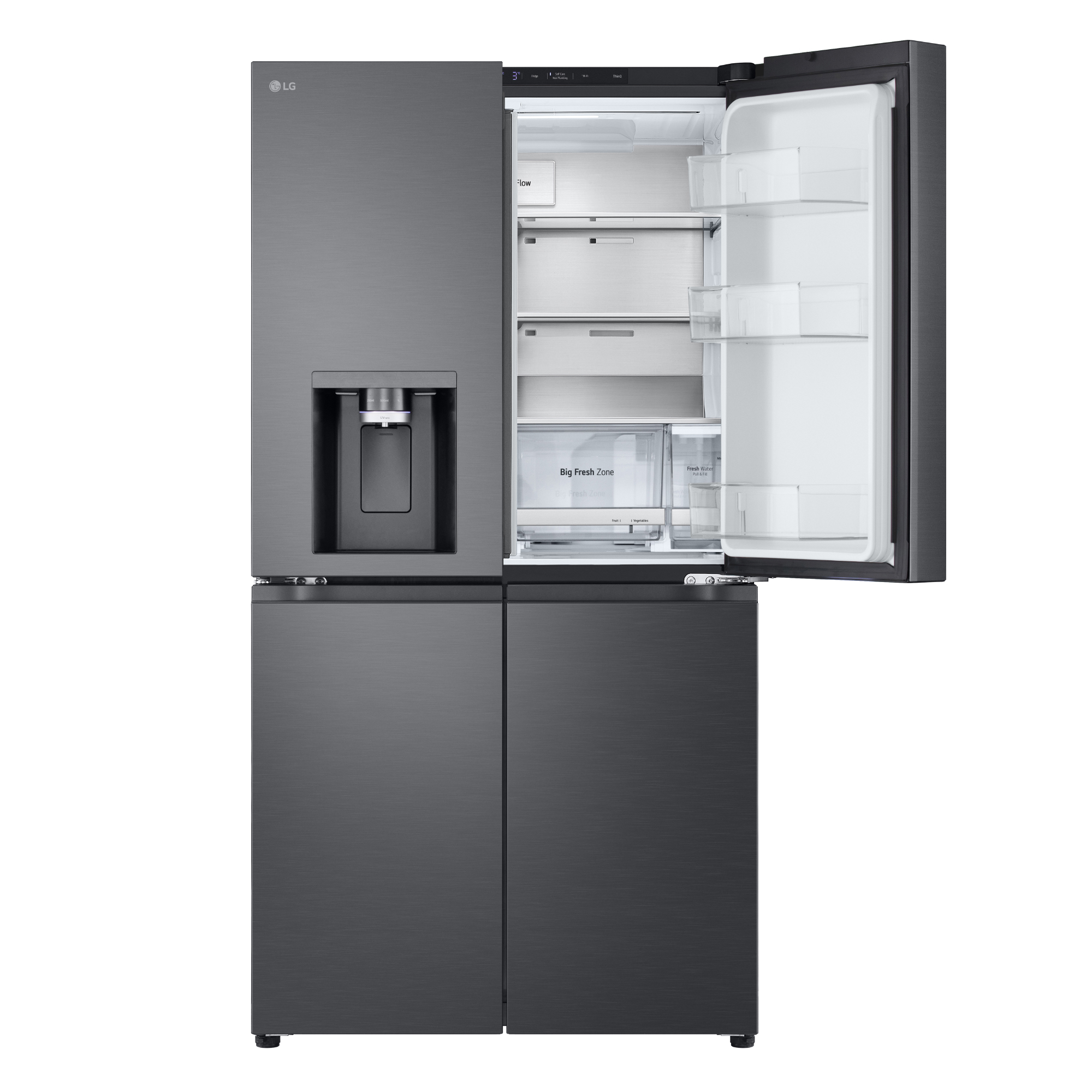 Ein dunkler LG Kühlschrank mit vier Türen, eine offen. Mit Wasserspender.