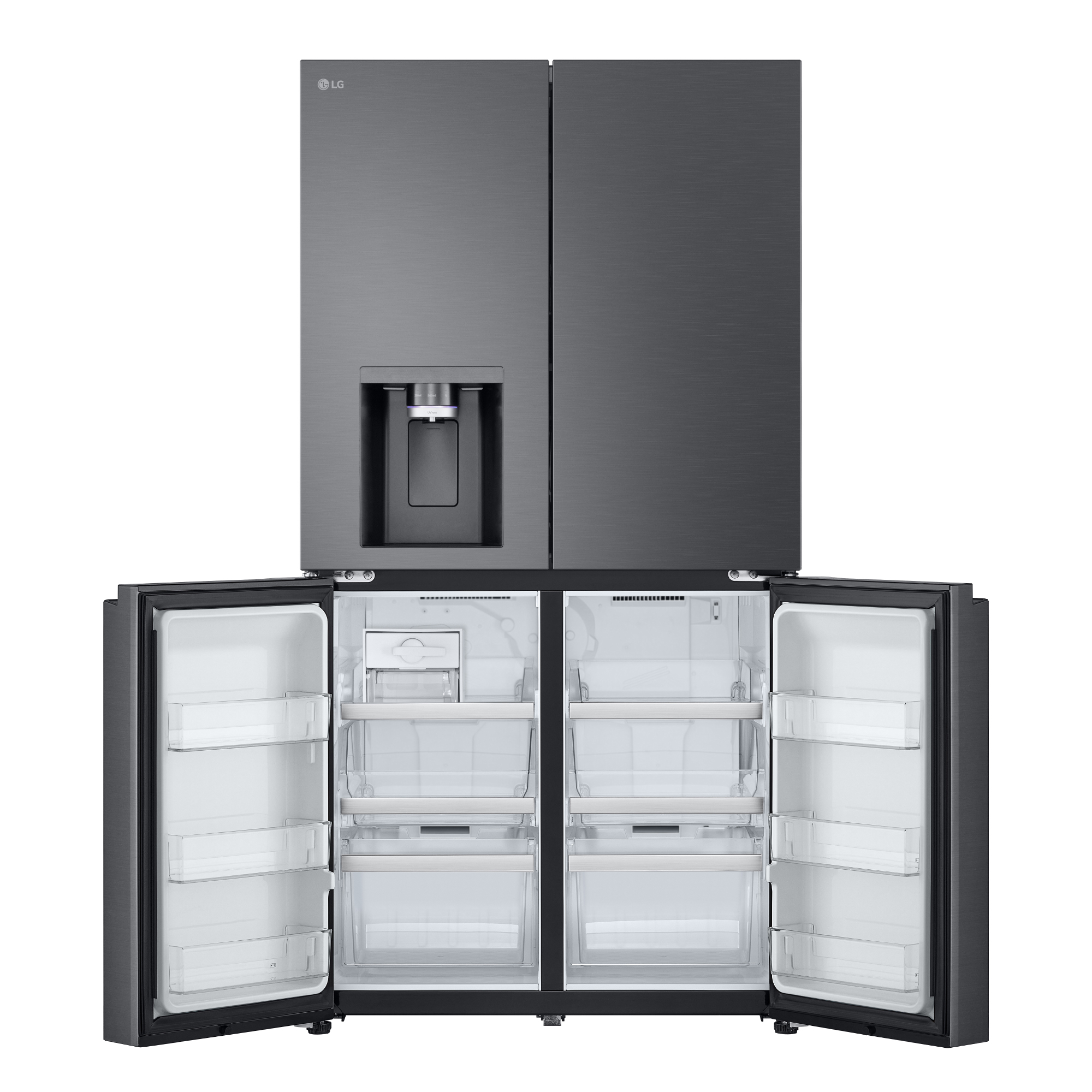 Ein dunkler LG Kühlschrank mit vier Türen, die oberen beiden geschlossen, die unteren beiden offen.