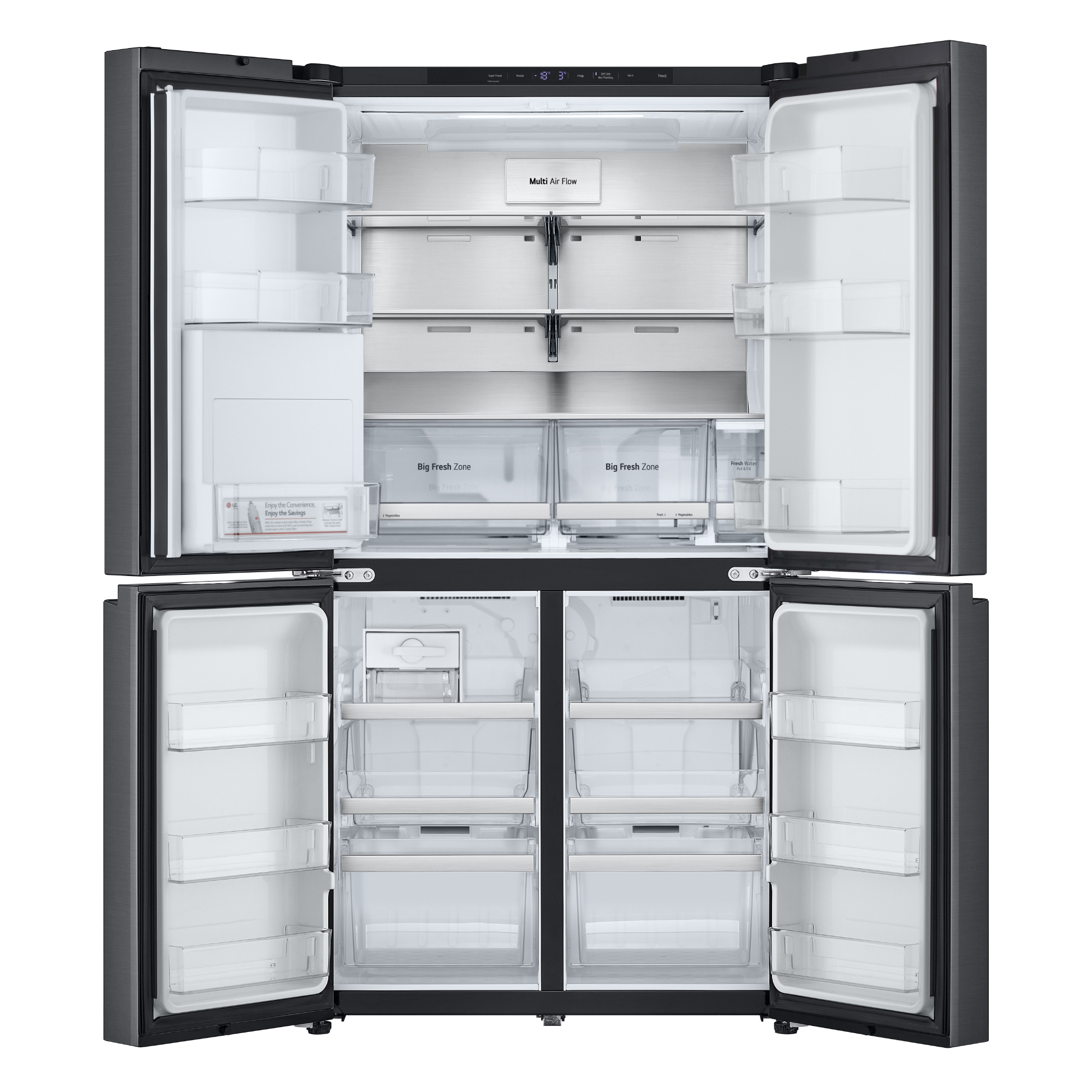 Ein leerer, dunkler Kühlschrank mit vier Türen und vielen Fächern.