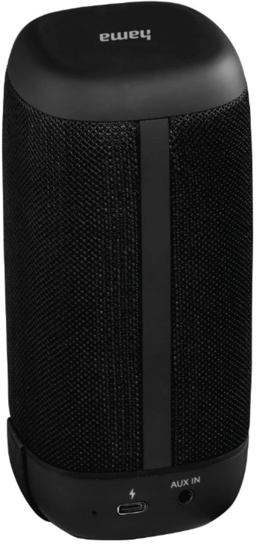 Czarny głośnik Hama z materiałową siatką i portami.