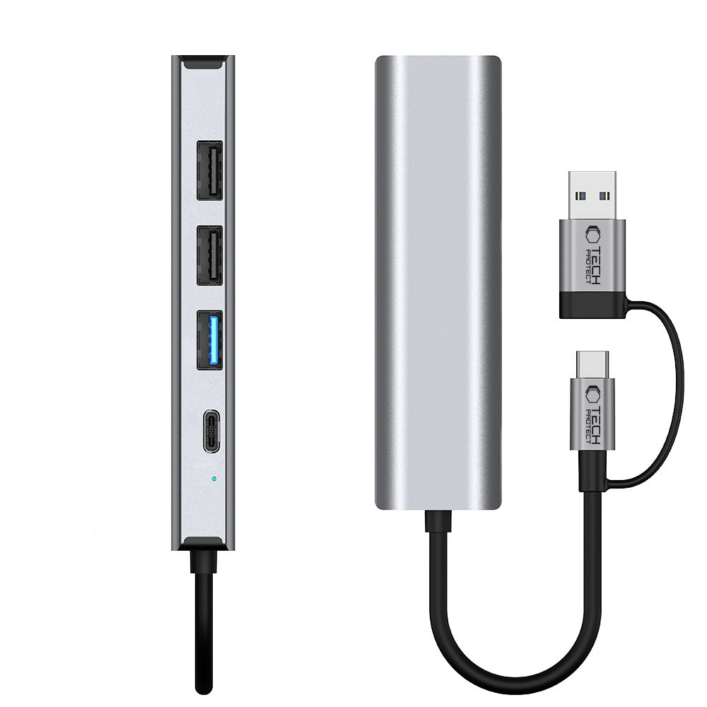 Hub USB-C argentato con tre porte USB-A e una porta USB-C.