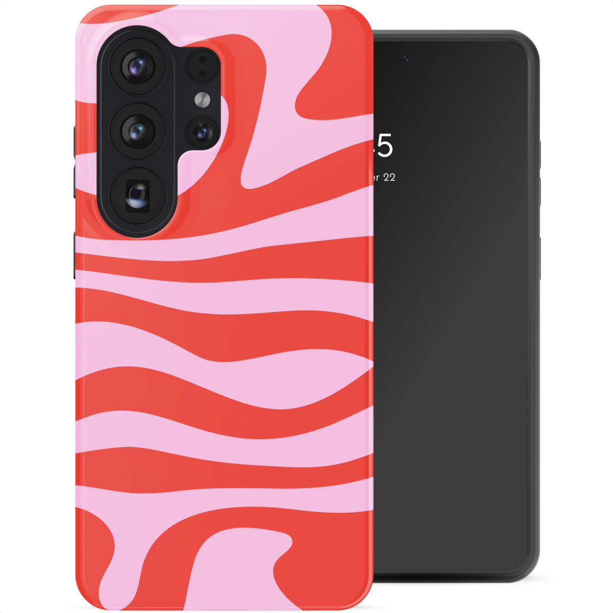 Rayures ondulées rouges et rose pâle sur une coque de téléphone à côté d'un smartphone noir.