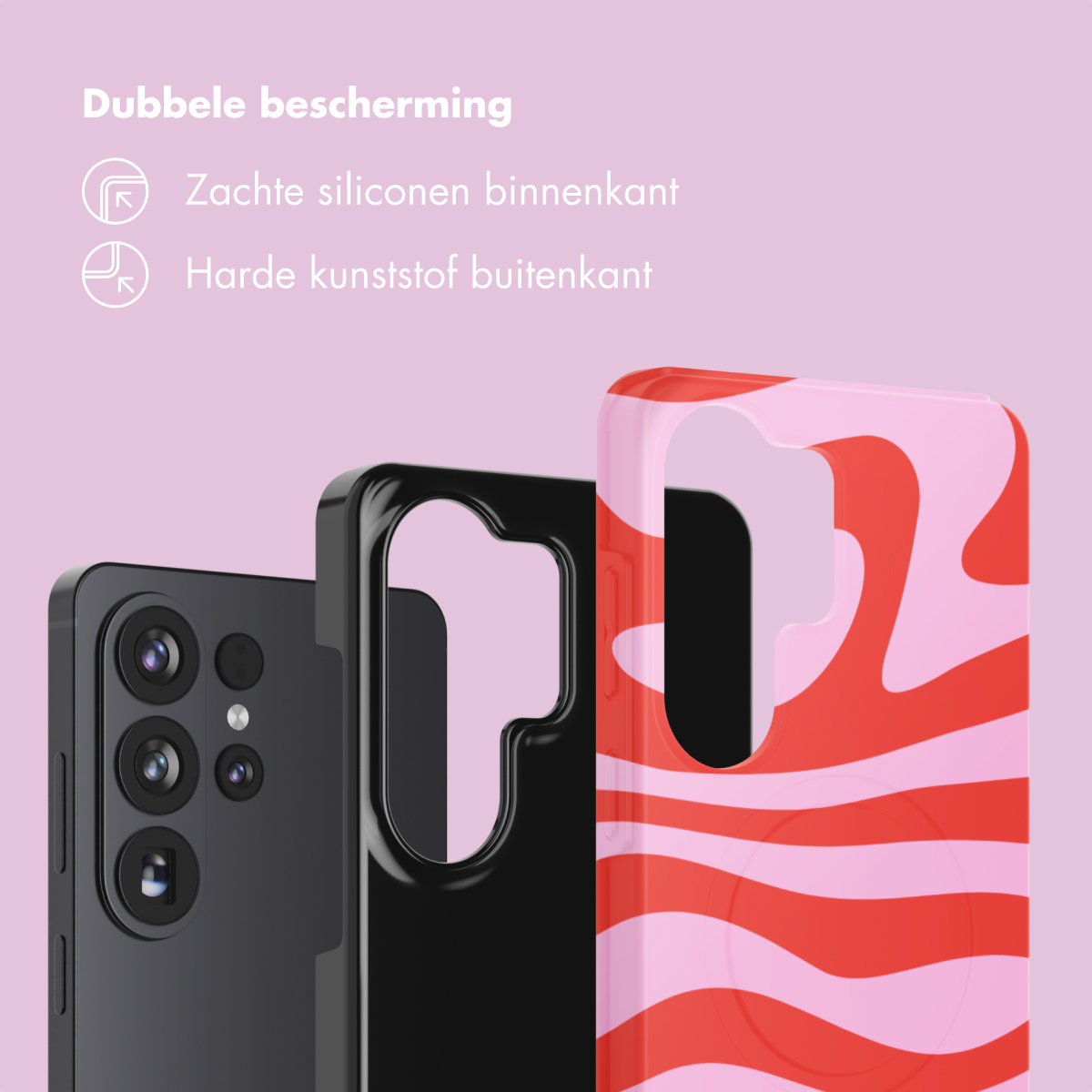 Trois coques de téléphone : une noire, une noire transparente et une à motif rouge-rose.