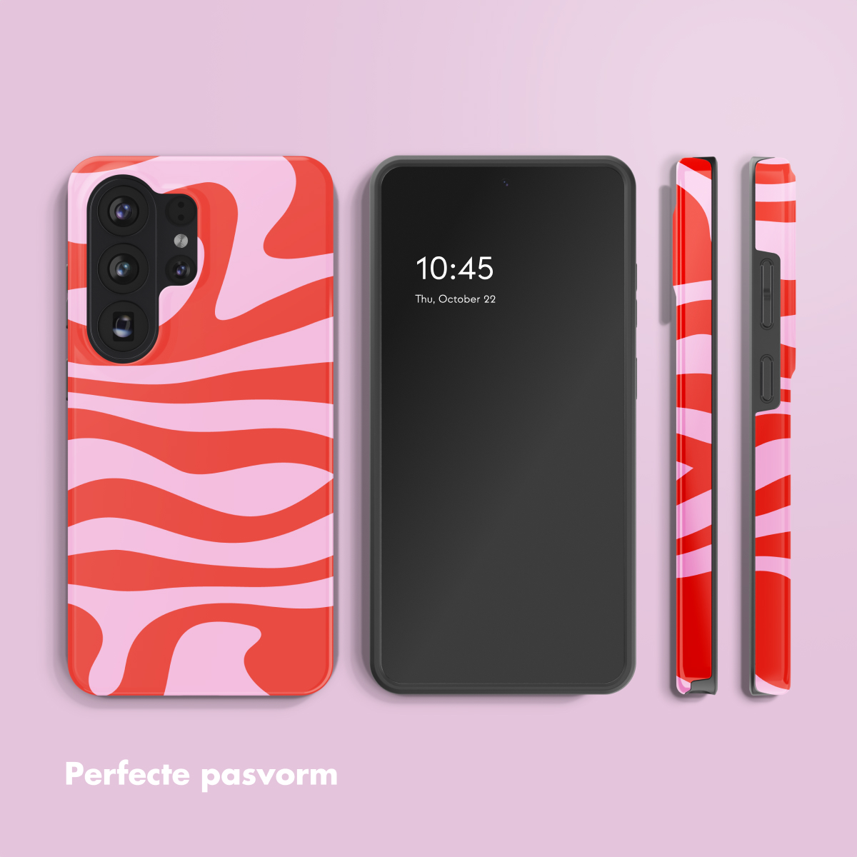 Un smartphone avec un motif ondulé rouge et rose, à côté de deux coques de téléphone.