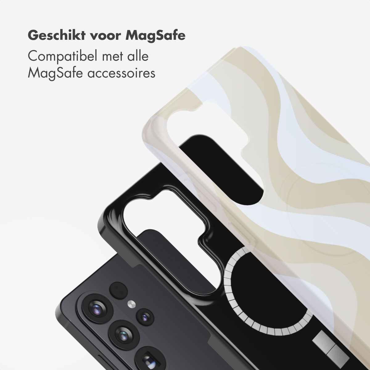 Un smartphone avec deux coques de téléphone, une à motifs, l'autre noire.