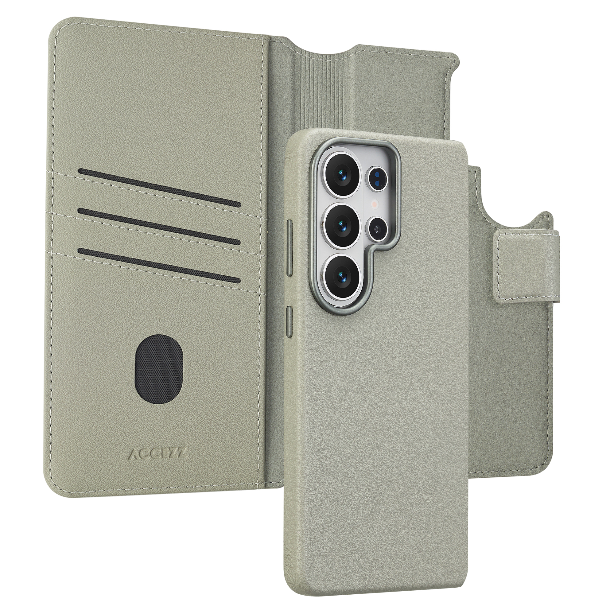 Een grijze telefoonhoes met kaartsleuven en een uitsparing voor de cameralens.