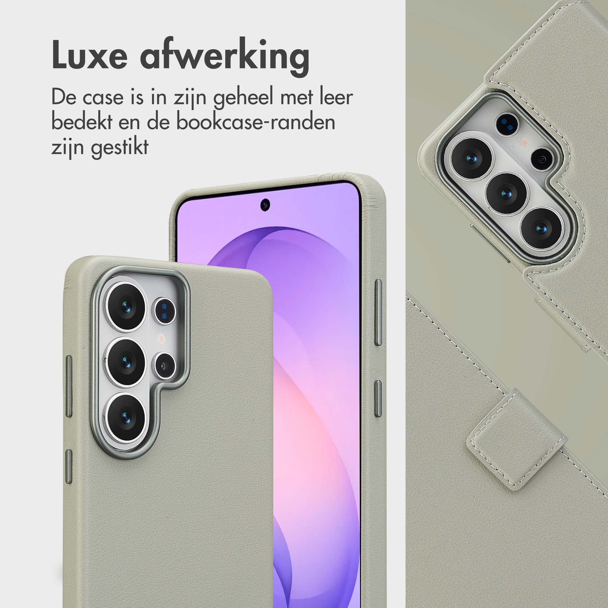 Lichtgrijze leren telefoonhoes met camera-uitsparing en stiksels.
