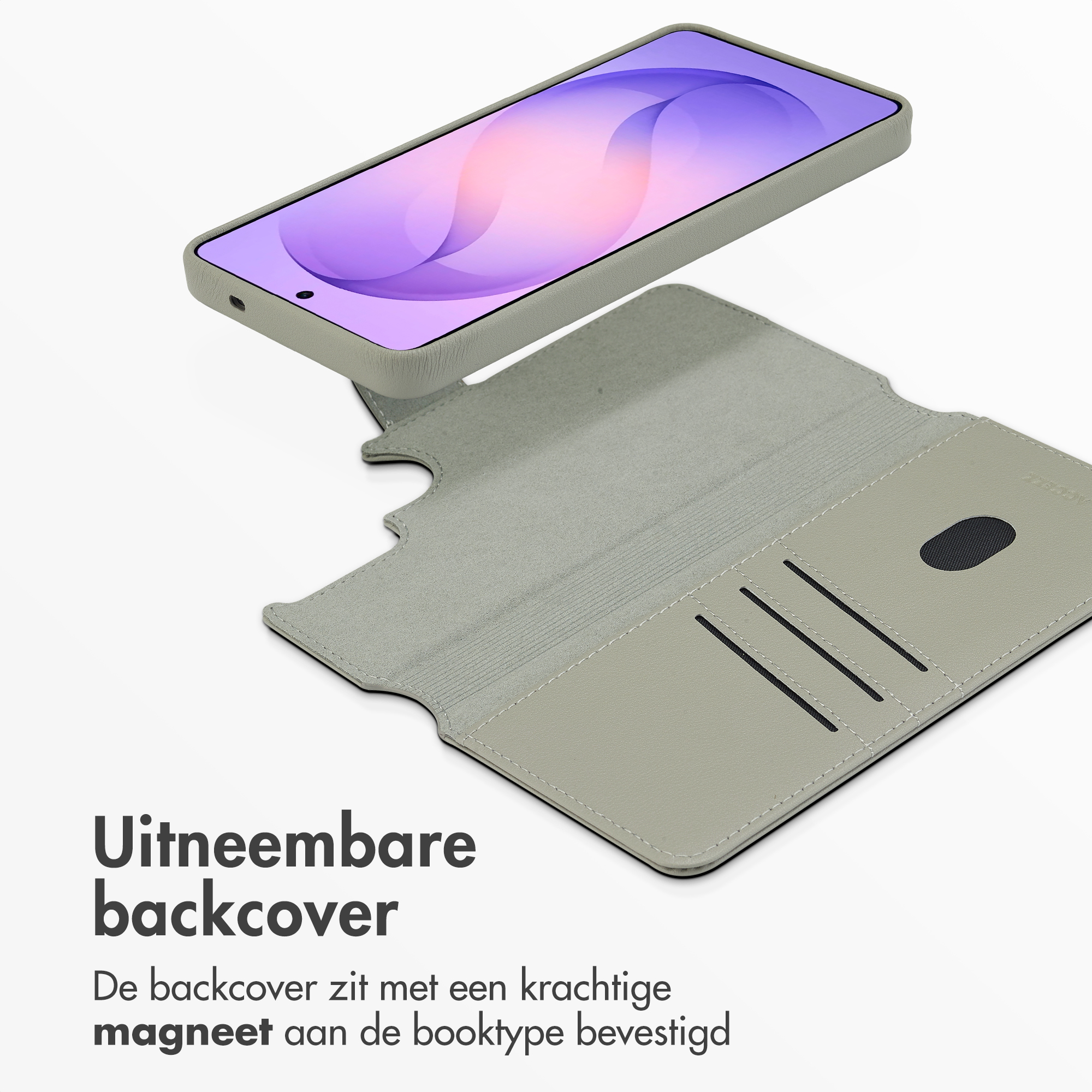 Een grijze smartphone met een afneembare hoes ernaast.