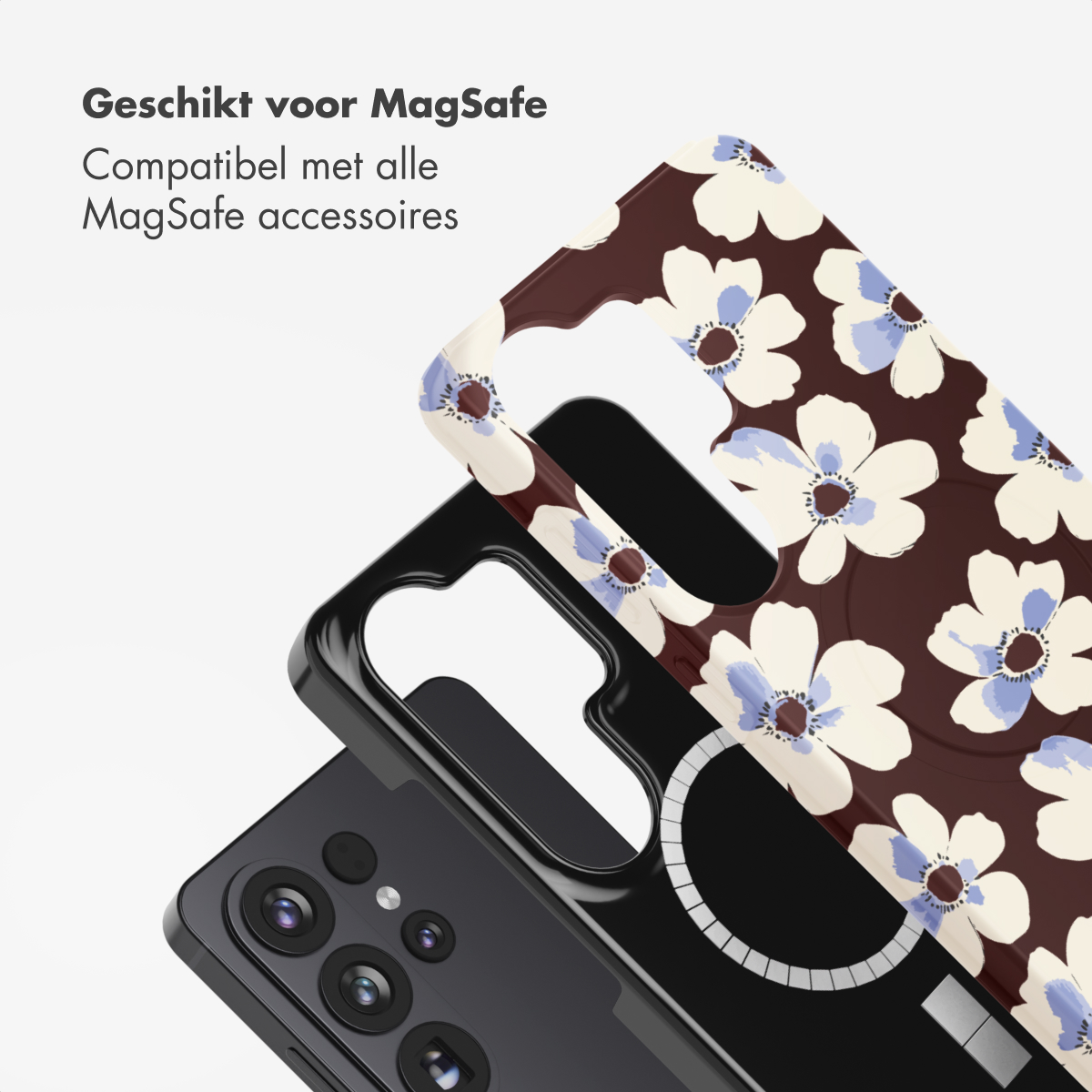 Een bloemen telefoonhoes met MagSafe-compatibiliteit ligt op een smartphone.