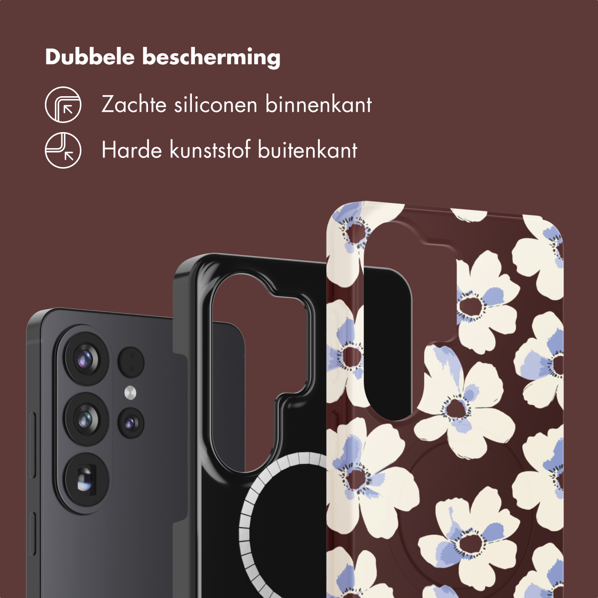 Een zwarte smartphone naast een hoesje met blauw en wit bloemenpatroon.