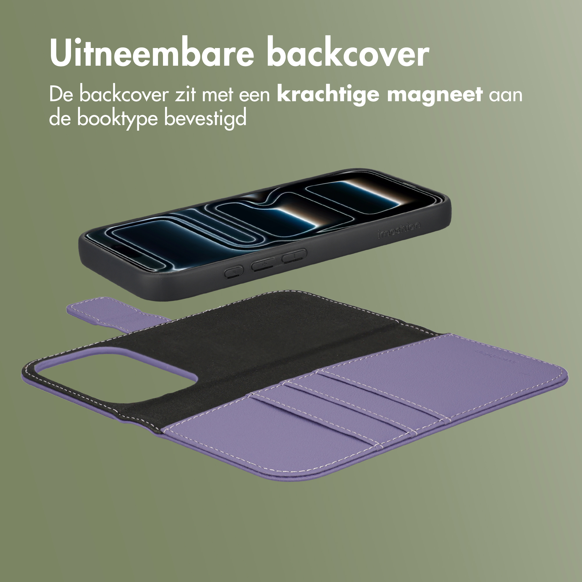 Een paarse telefoonhoes met afneembare achterkant staat op een groene achtergrond.