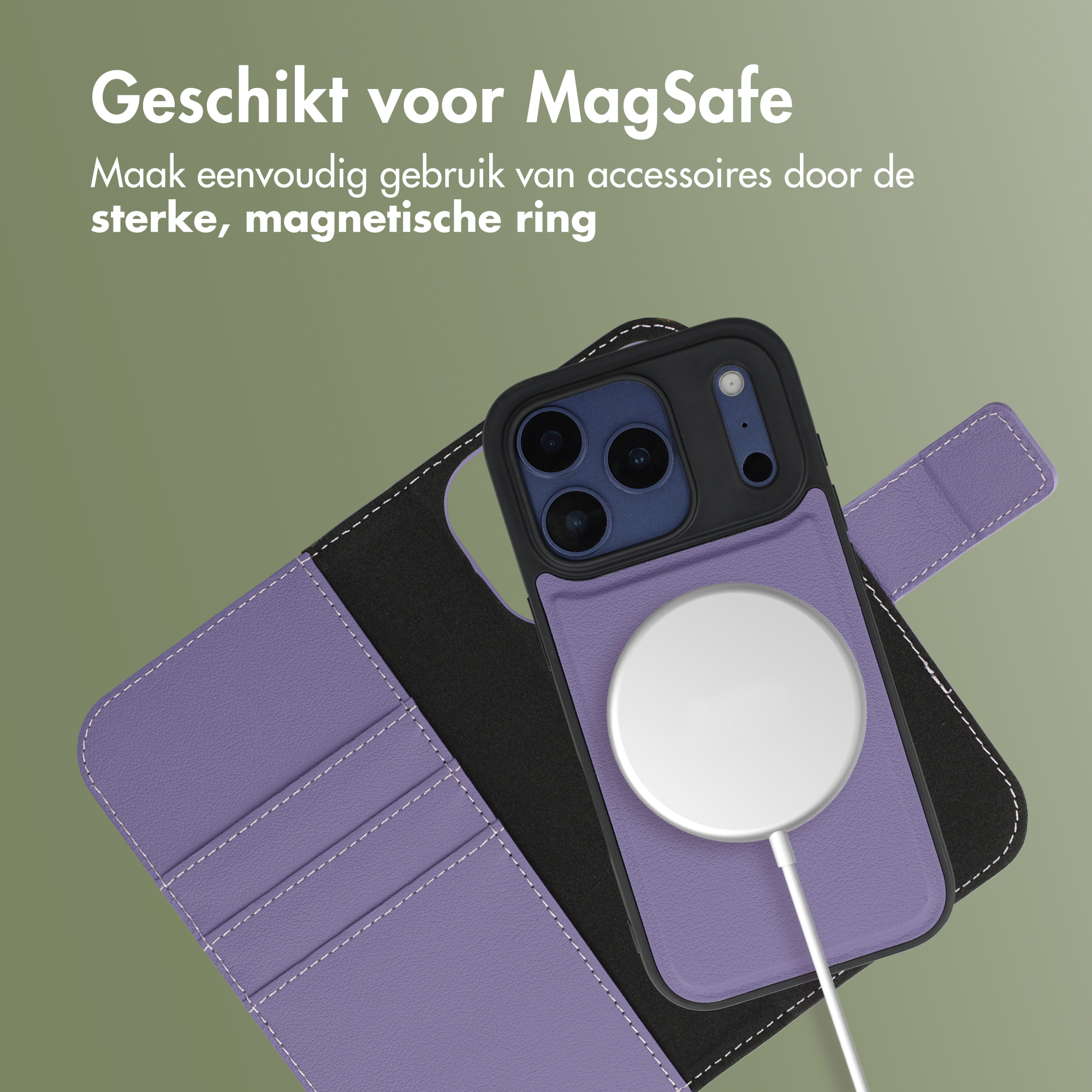 Paarse iPhone hoes met MagSafe lader en kaartsleuven.