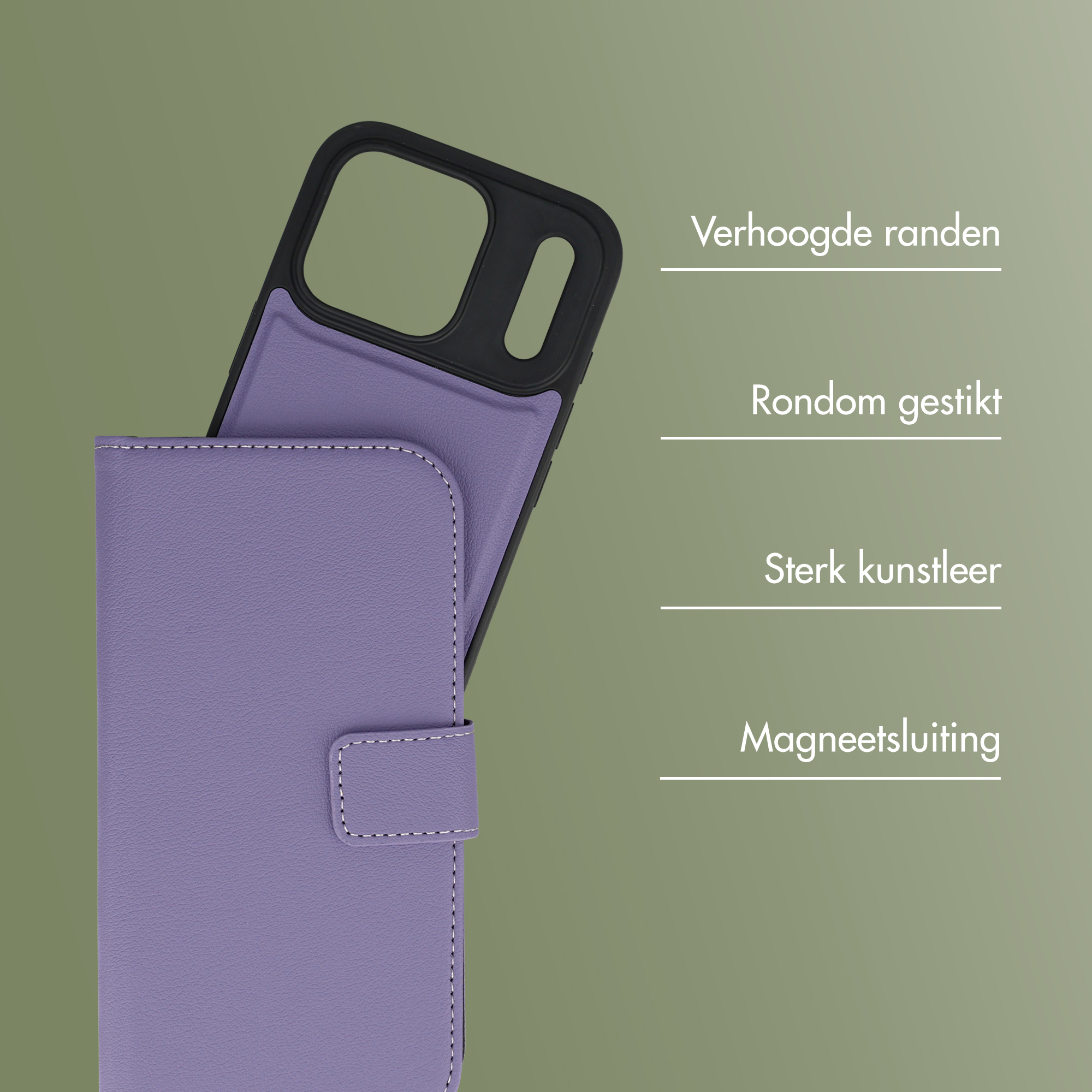 Paarse telefoonhoes met magneetsluiting, kunstleer, verhoogde randen.