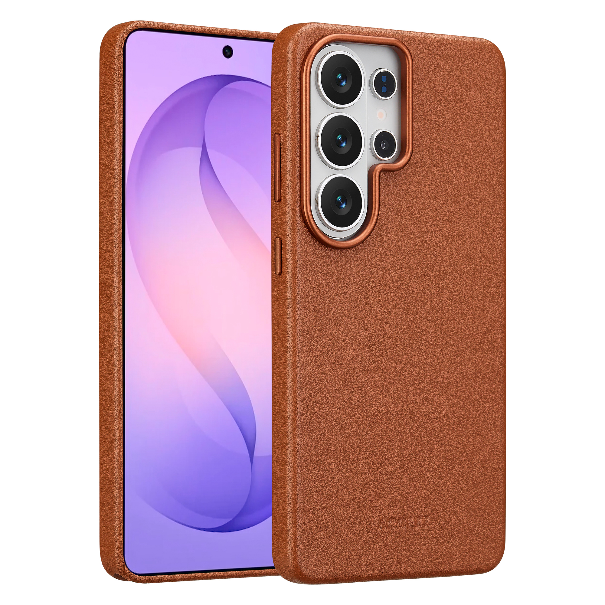 Bruine leren hoes voor smartphone met meerdere camera's.