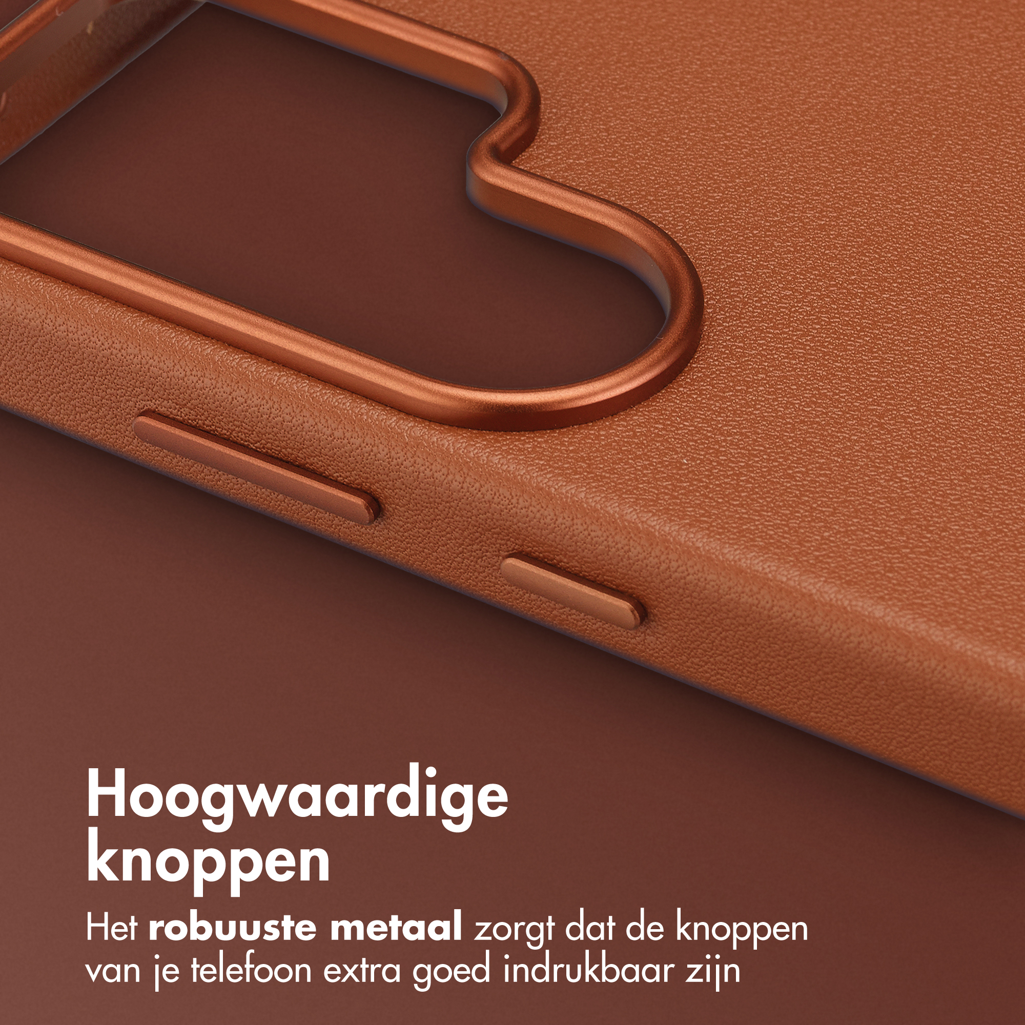 Hoogwaardige knoppen op bruine telefoonhoes. Metalen knoppen.