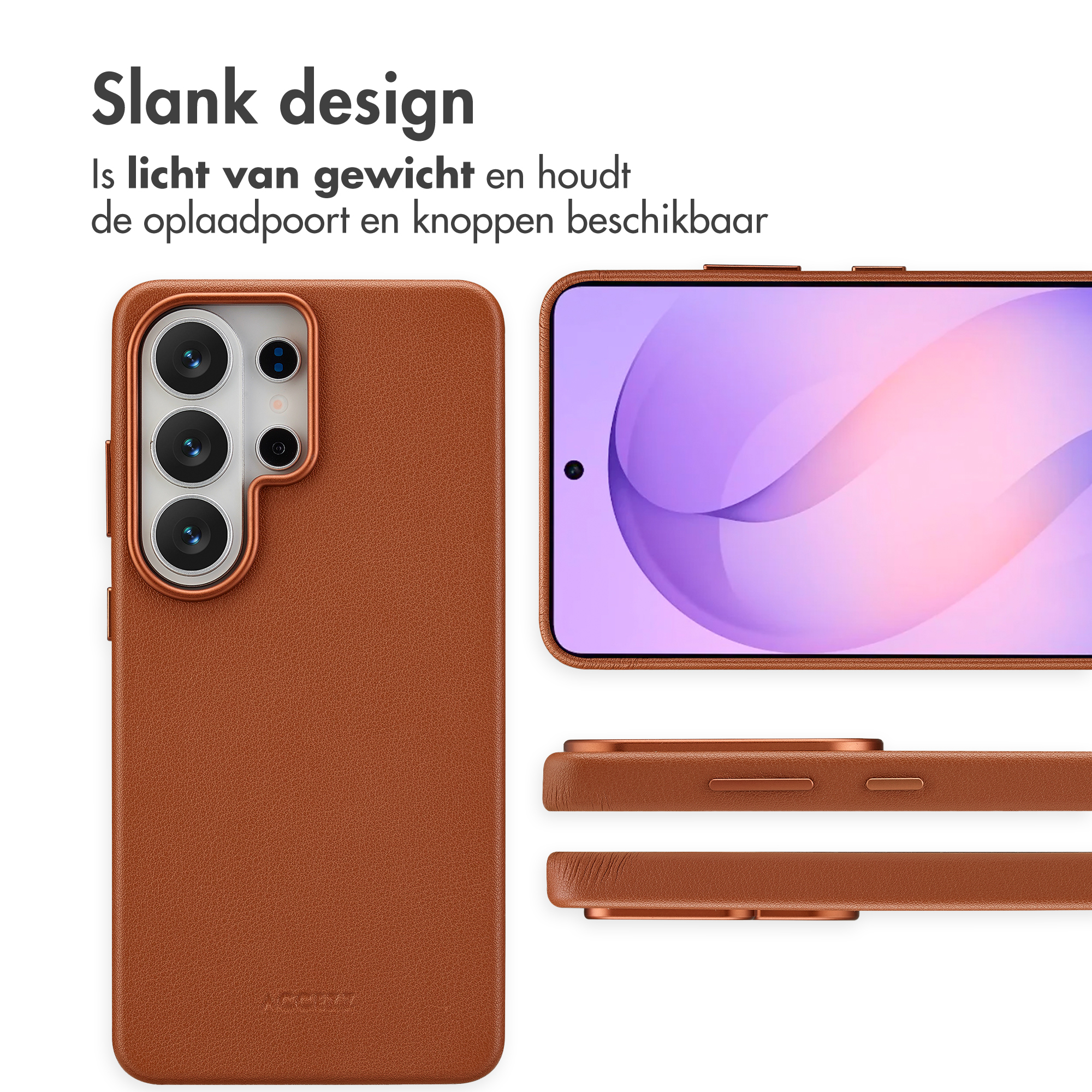 Bruine telefoonhoes met camerasysteem en scherm. Slank design.