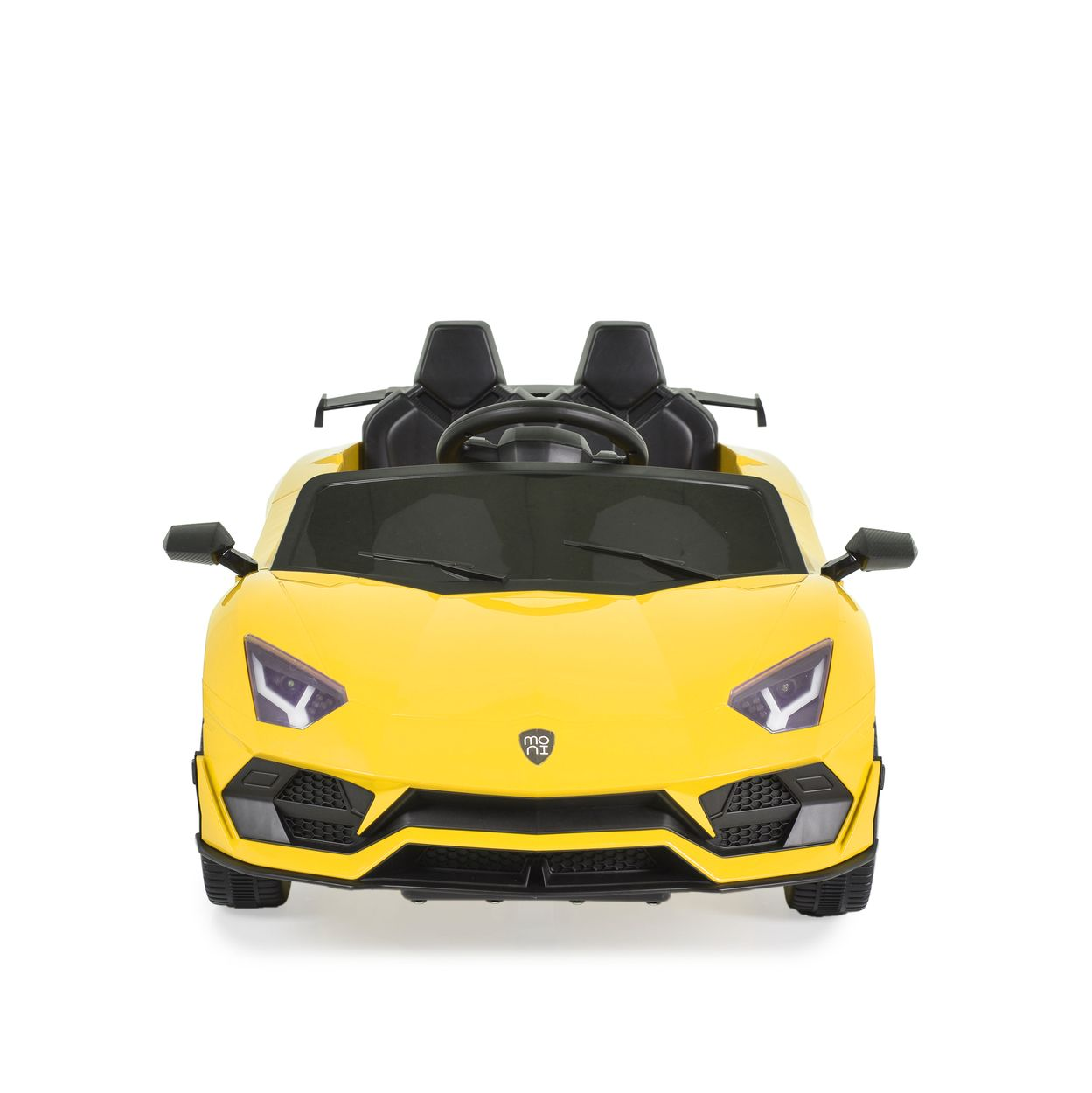 Ein gelbes Spielzeugauto mit zwei schwarzen Sitzen und einem Lenkrad.