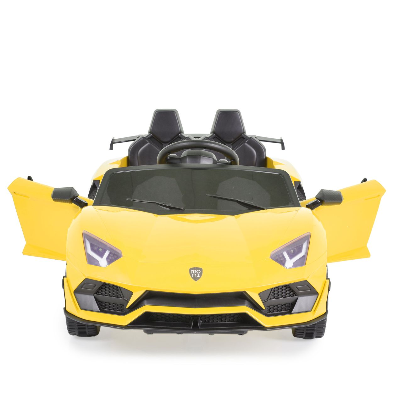 Ein gelbes Spielzeugauto mit geöffneten Türen und schwarzen Sitzen.