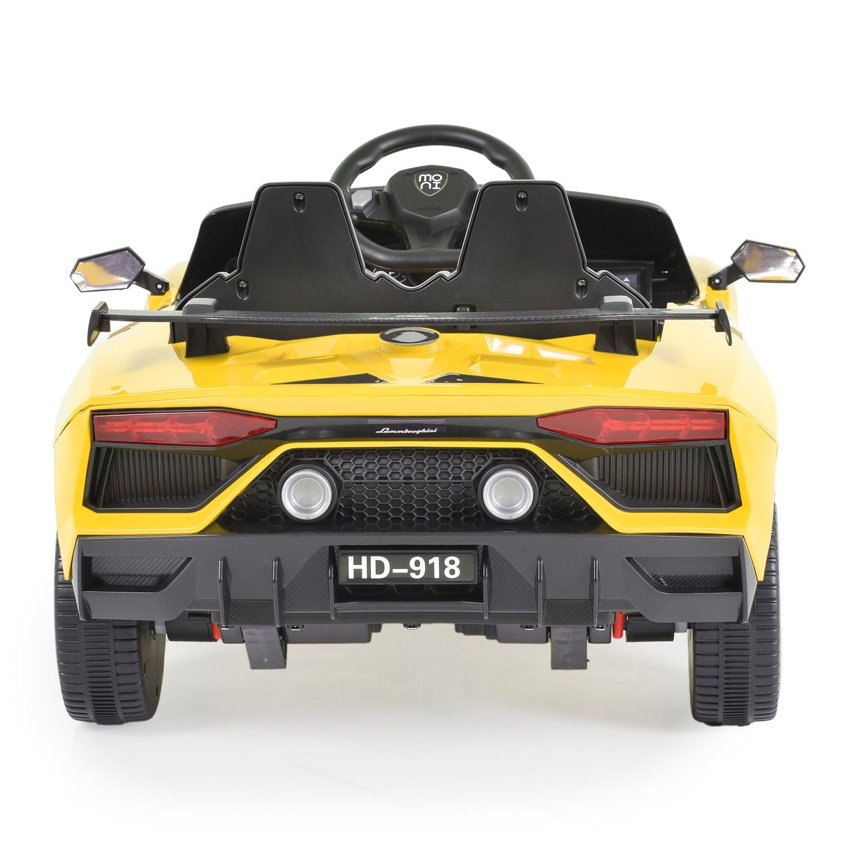 Ein gelbes Spielzeugauto mit schwarzem Lenkrad und Nummernschild HD-918.