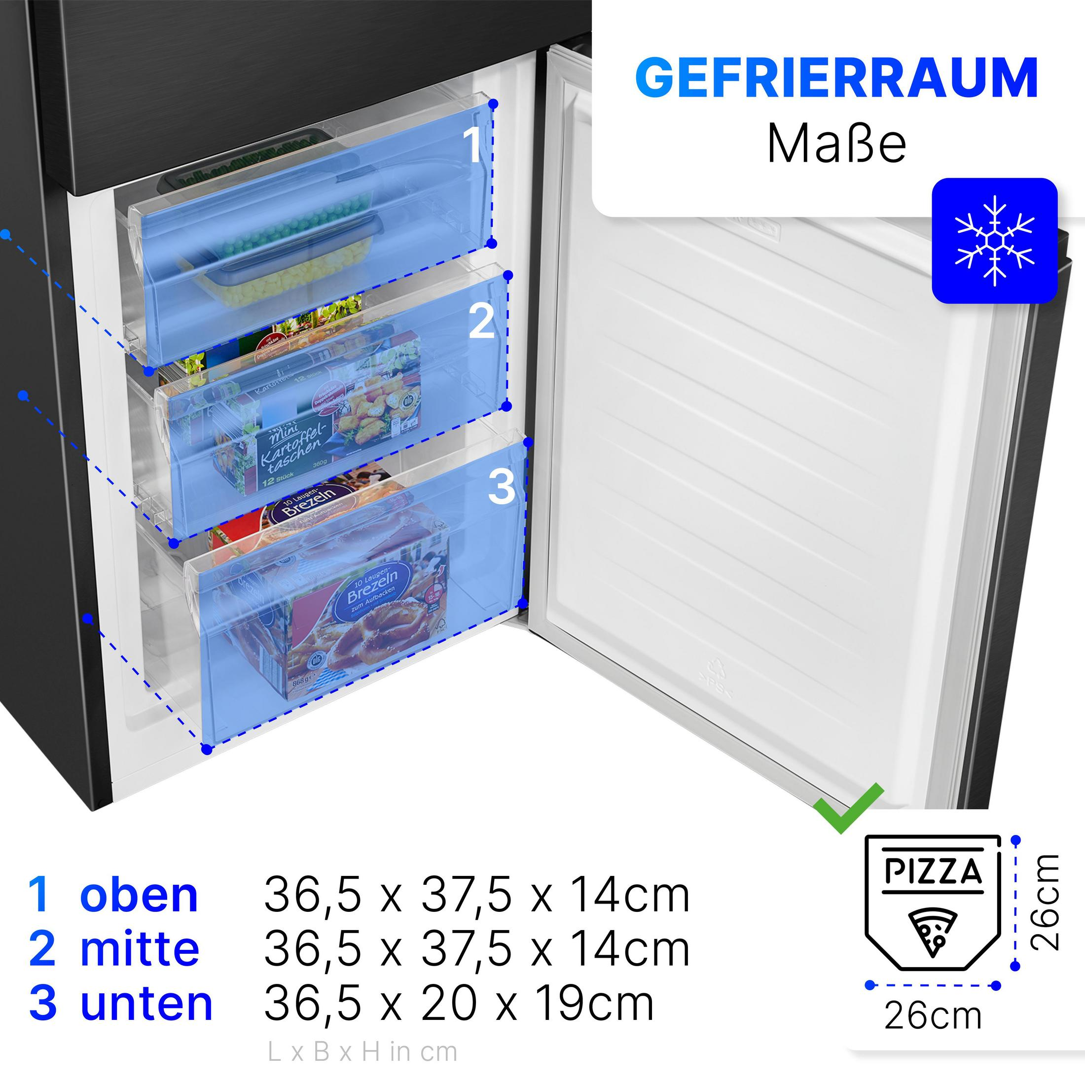 Gefrierraum mit drei Schubladen, gefüllt mit Tiefkühlkost. Maße werden angezeigt.