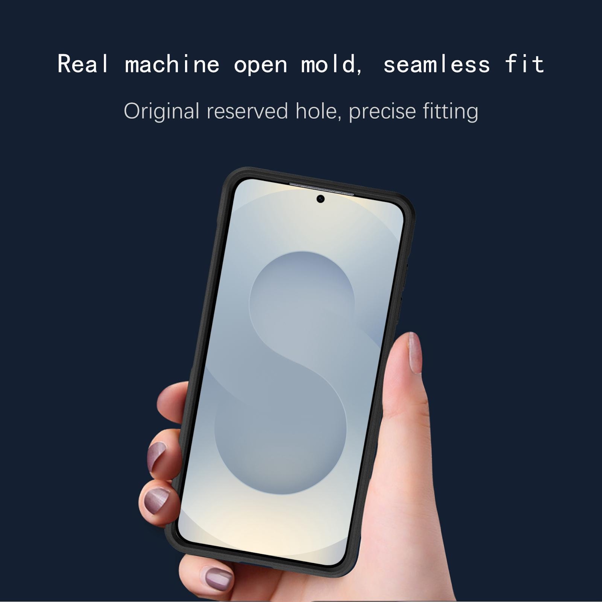 Eine Hand hält ein Smartphone mit schwarzem Gehäuse und einem stilisierten Kreis auf dem Bildschirm.