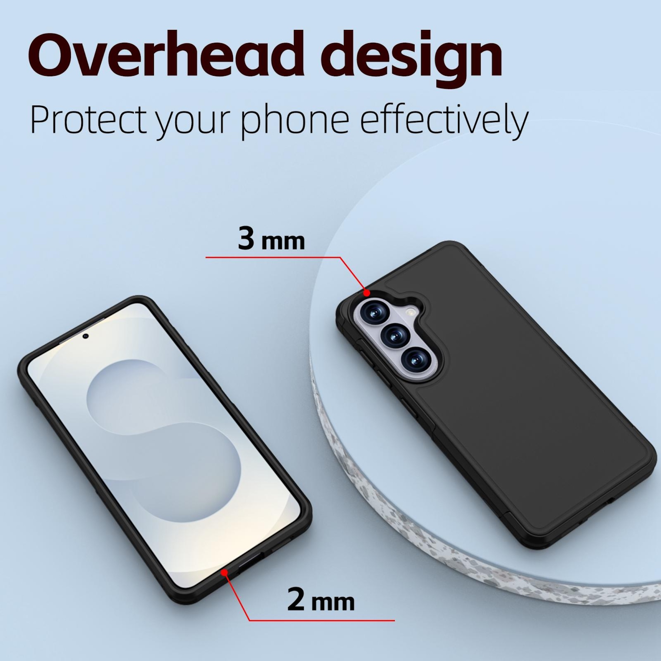 Schwarze Handyhülle mit 3 mm und 2 mm Höhenangaben auf hellem Hintergrund.