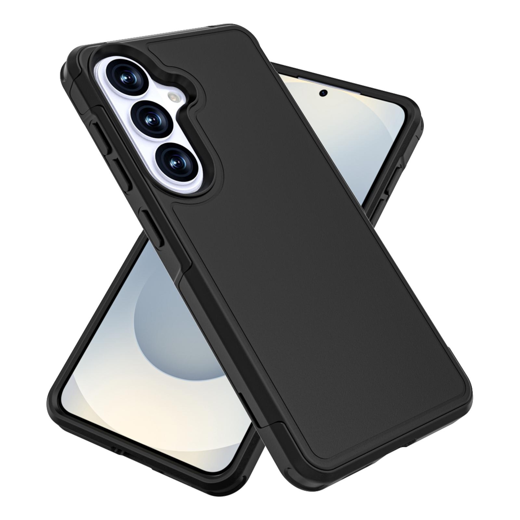 Schwarze Handyhülle mit dreifacher Kameraaussparung, auf einem Smartphone.