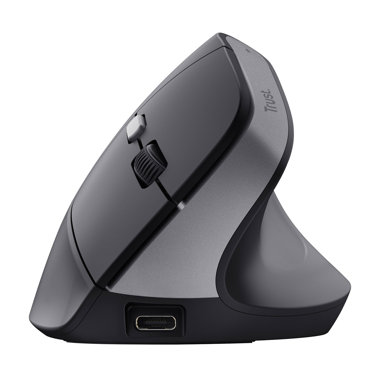 Szara pionowa mysz komputerowa z portem USB-C.