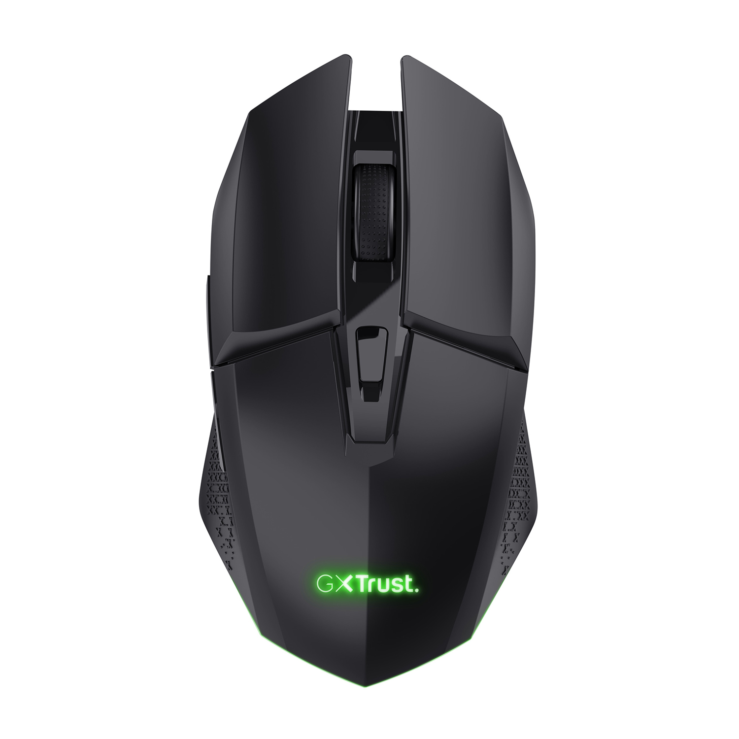 Czarna mysz gamingowa z kółkiem i zielonym podświetleniem.