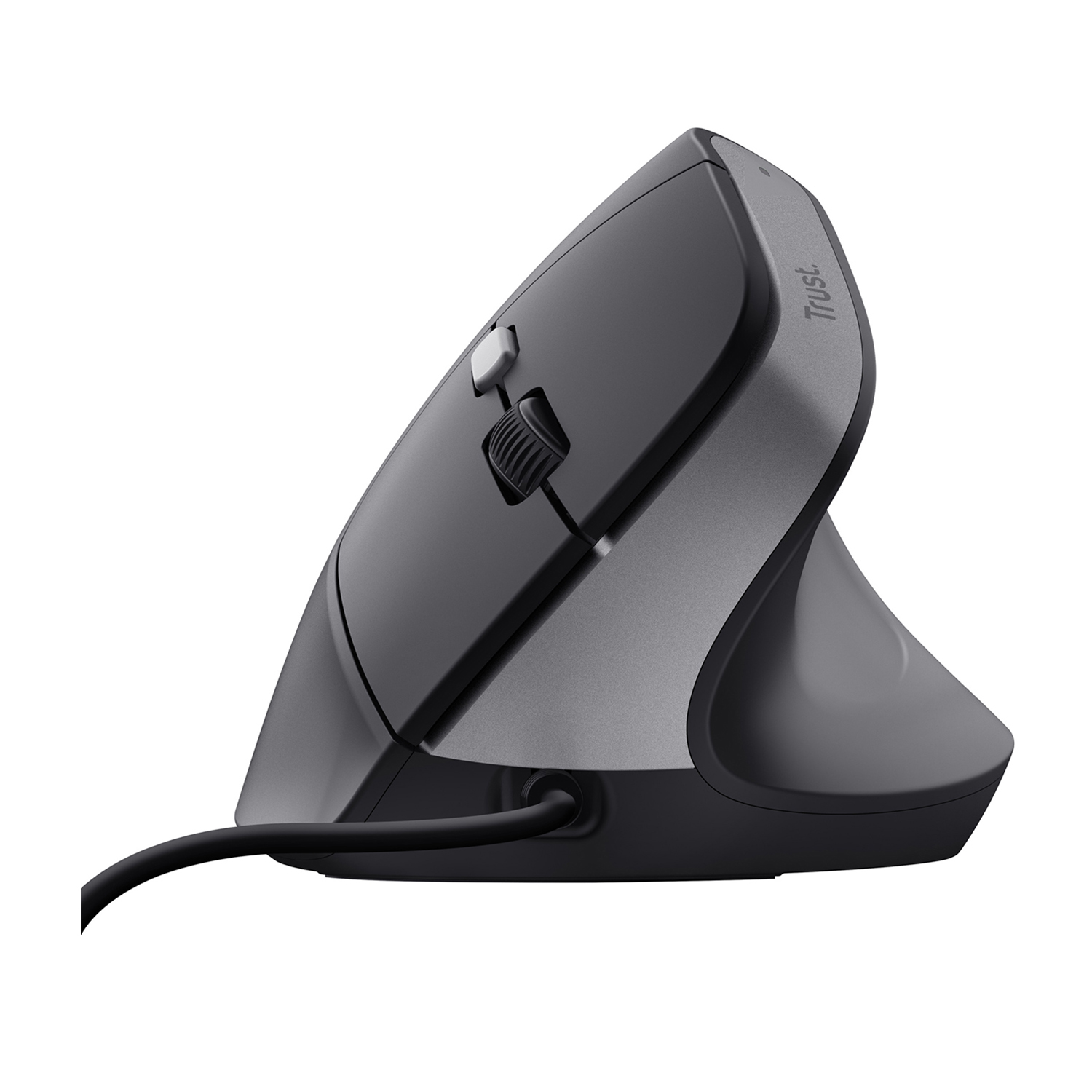 Ergonomiczna szara mysz pionowa z kółkiem i kablem, na białym tle.