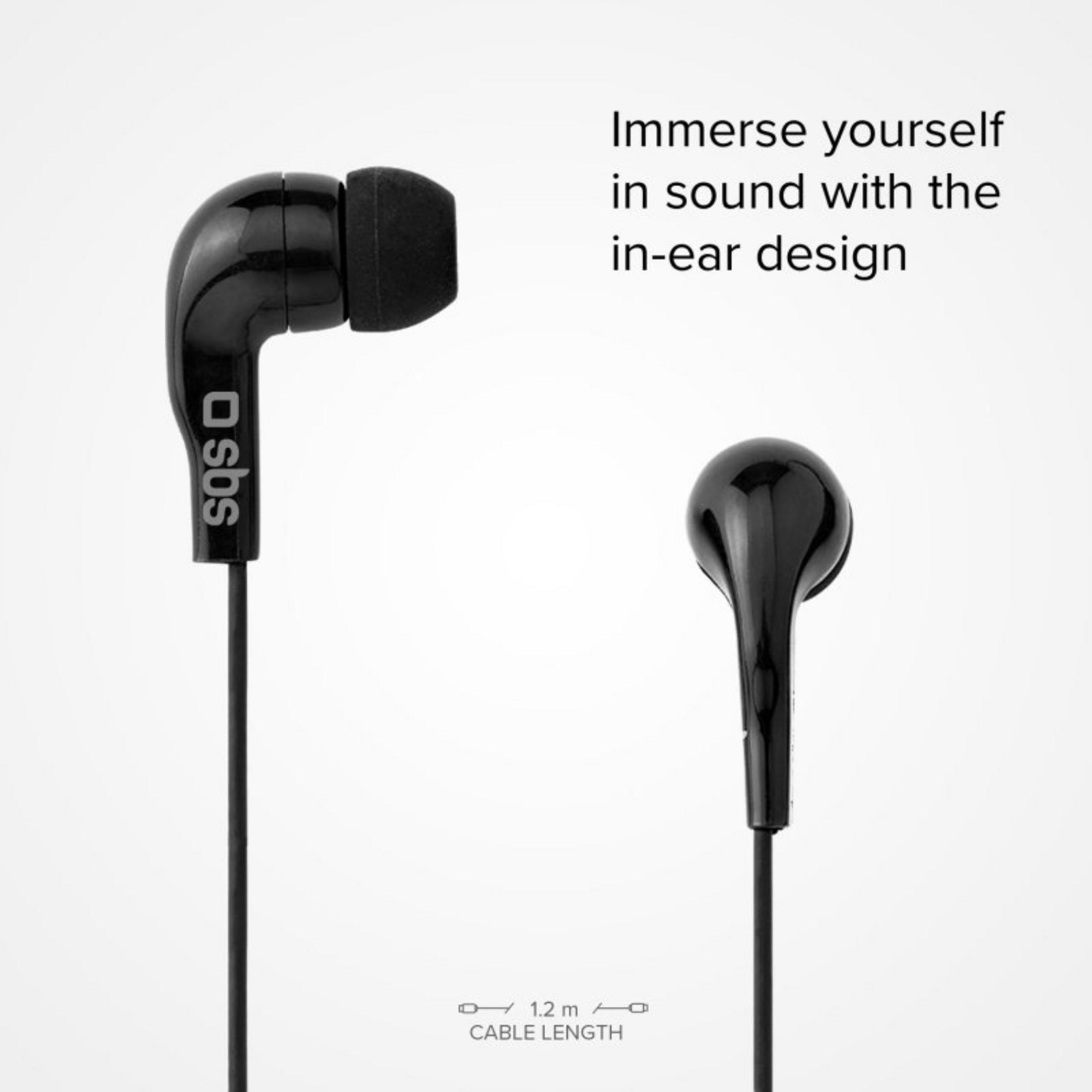 Schwarze In-Ear-Kopfhörer mit 1,2 m Kabel, SBS-Logo.
