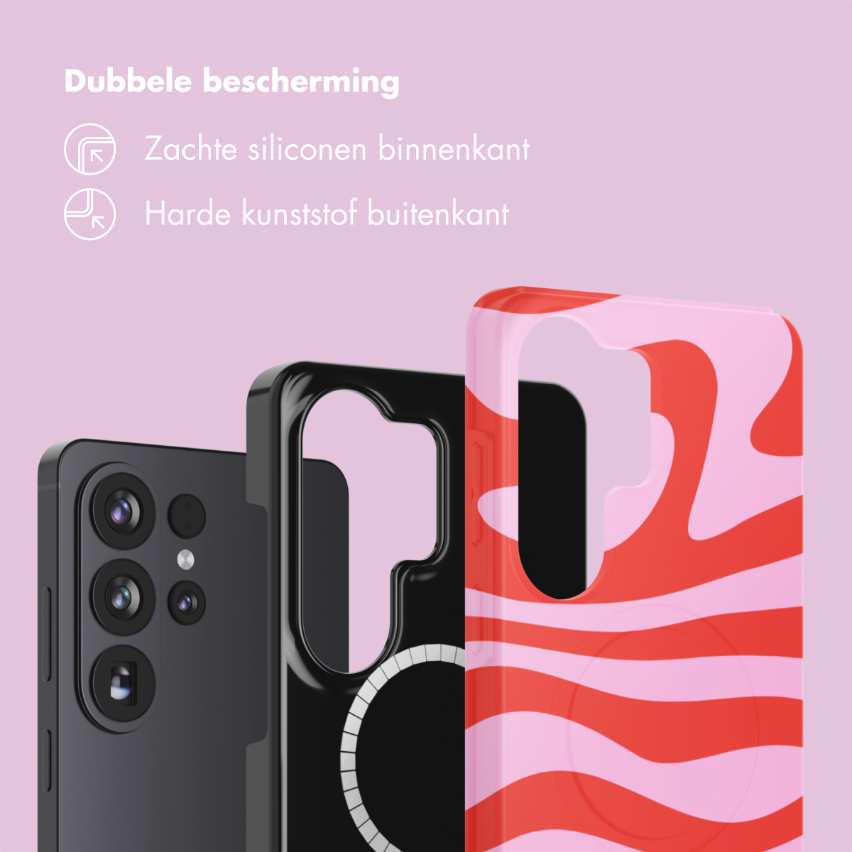 Trois coques de téléphone : noire, noire avec cercle blanc et motif tourbillonnant rouge/rose.